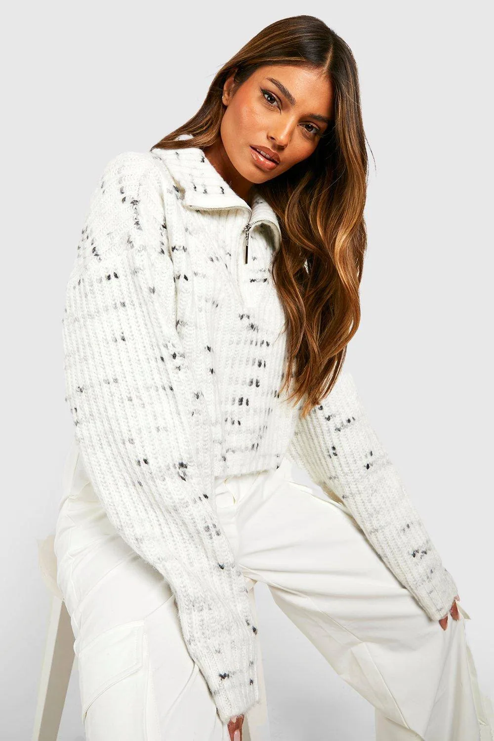 Soft Knit Nep Yarn Half Zip Collar Jumper by boohoo