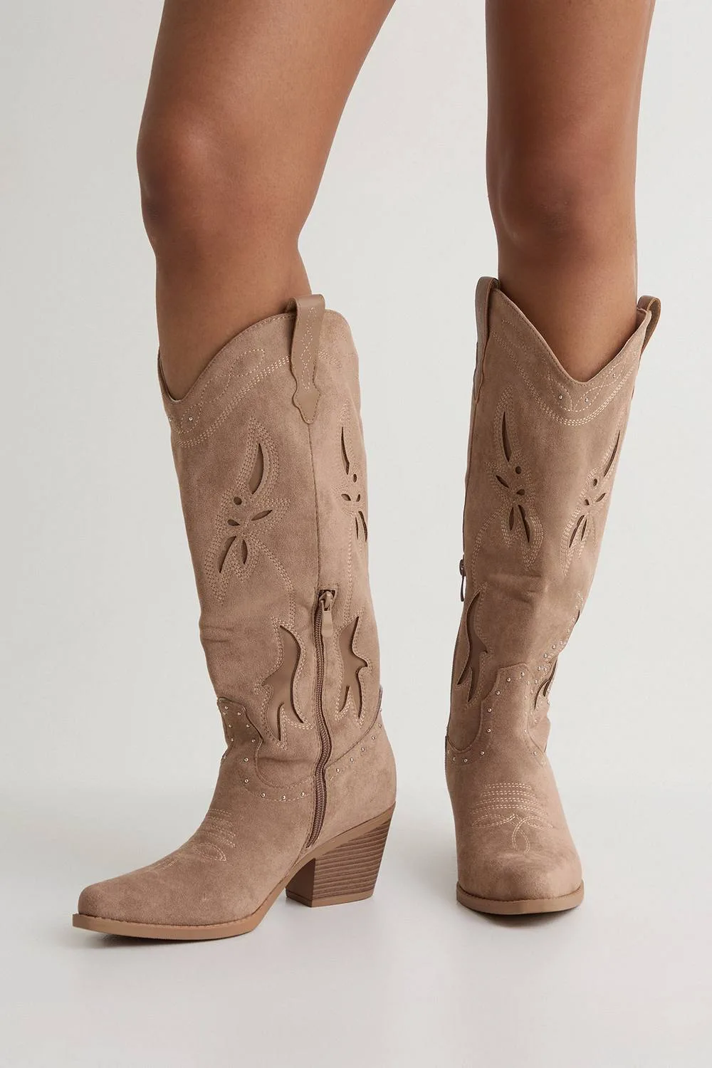 Faux Suede Cut Out Detail Knee High Western Boots by boohoo