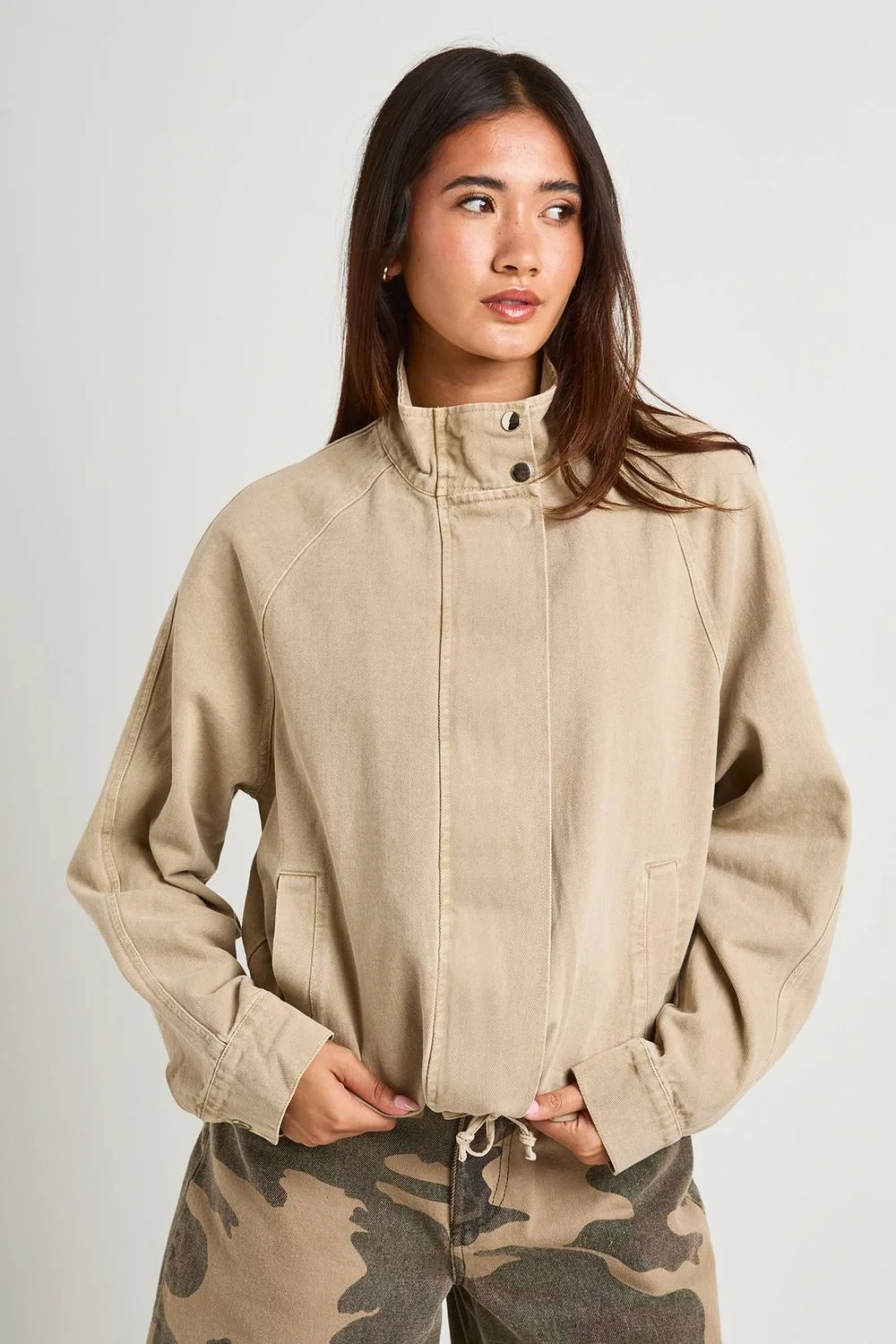 Funnel Neck Denim Bomber Jacket - Stone by boohoo