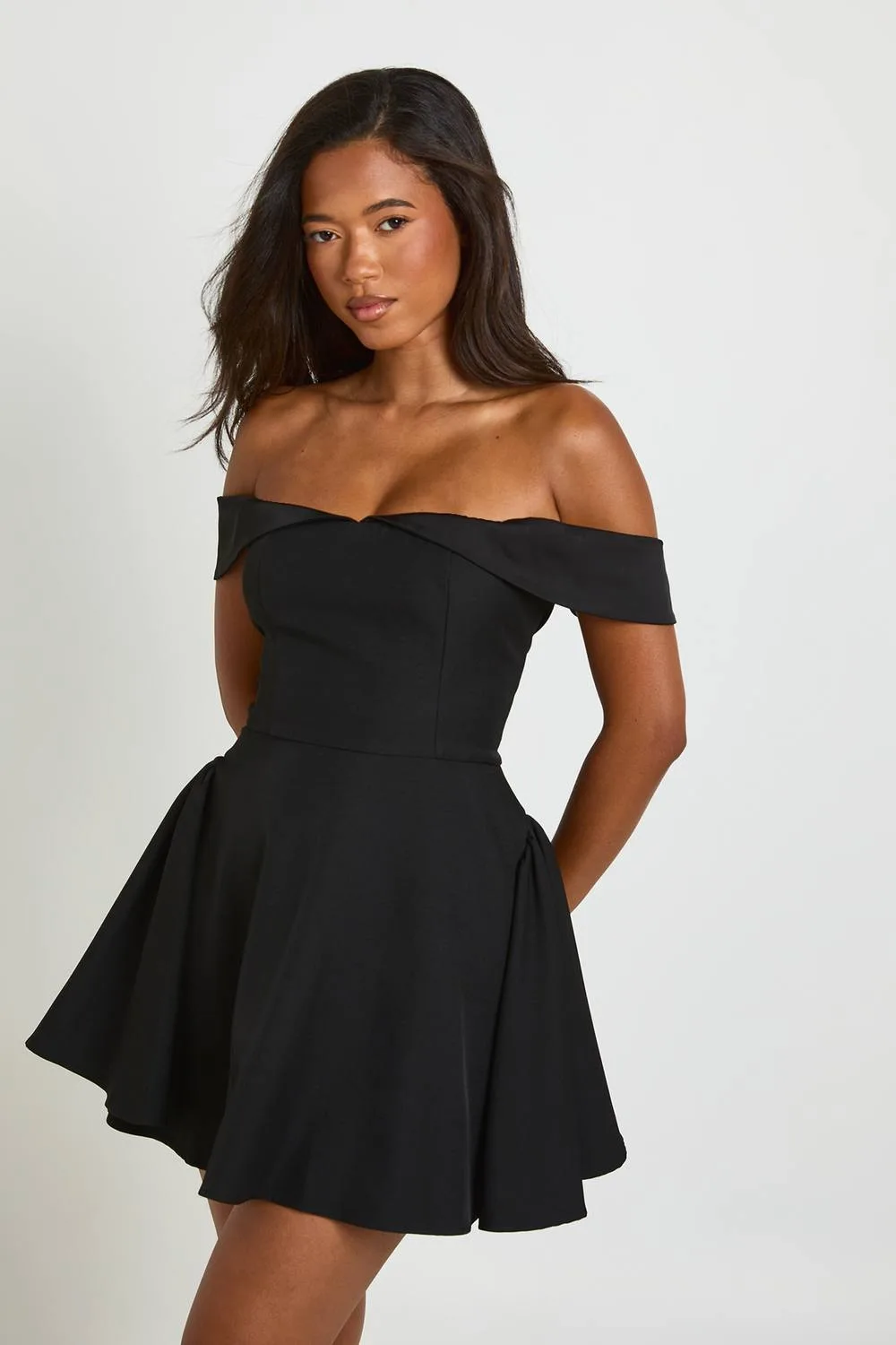 Tailored Sweetheart Bardot Skater Dress by boohoo