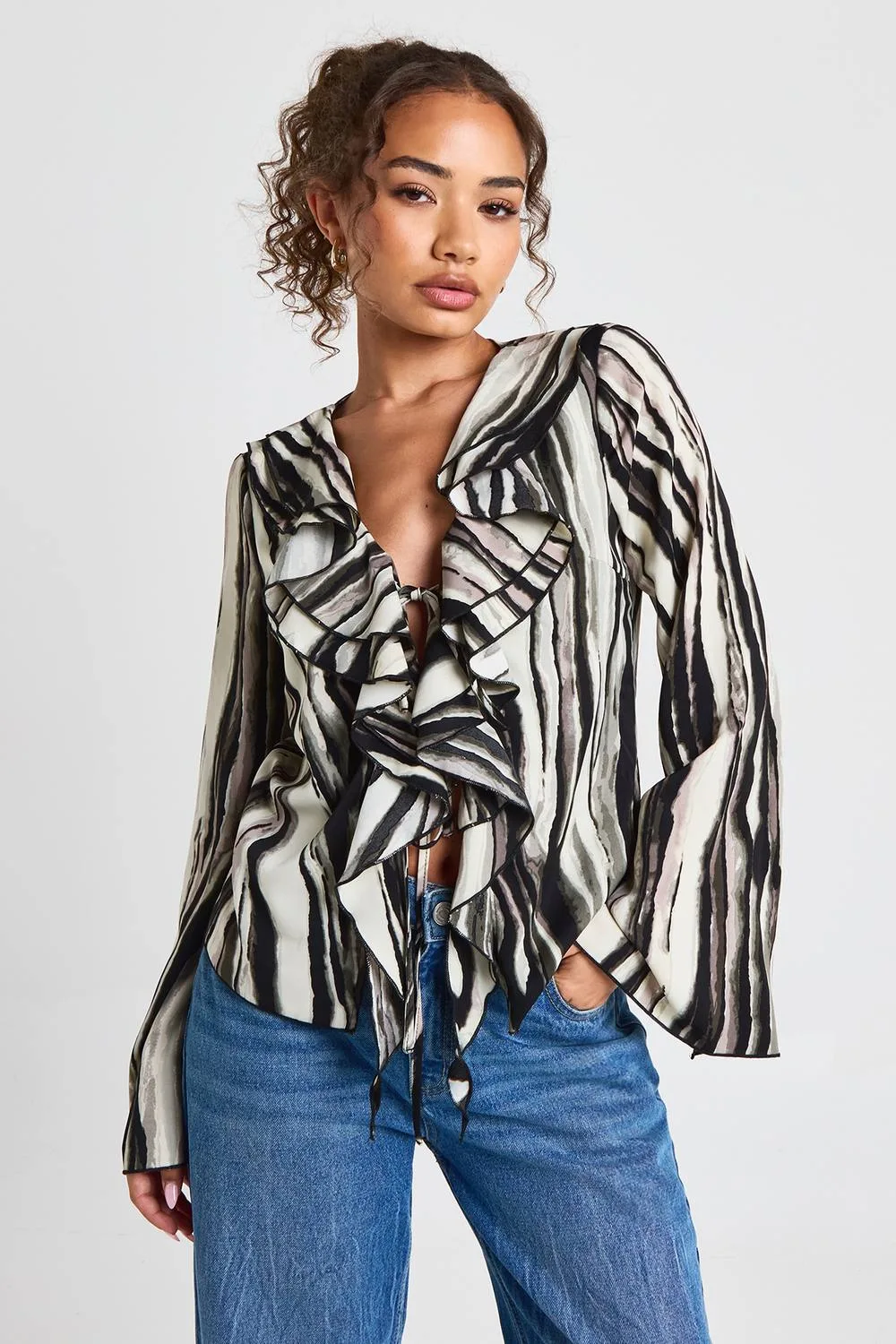 Zebra Chiffon Plunge Tie Front Blouse by boohoo