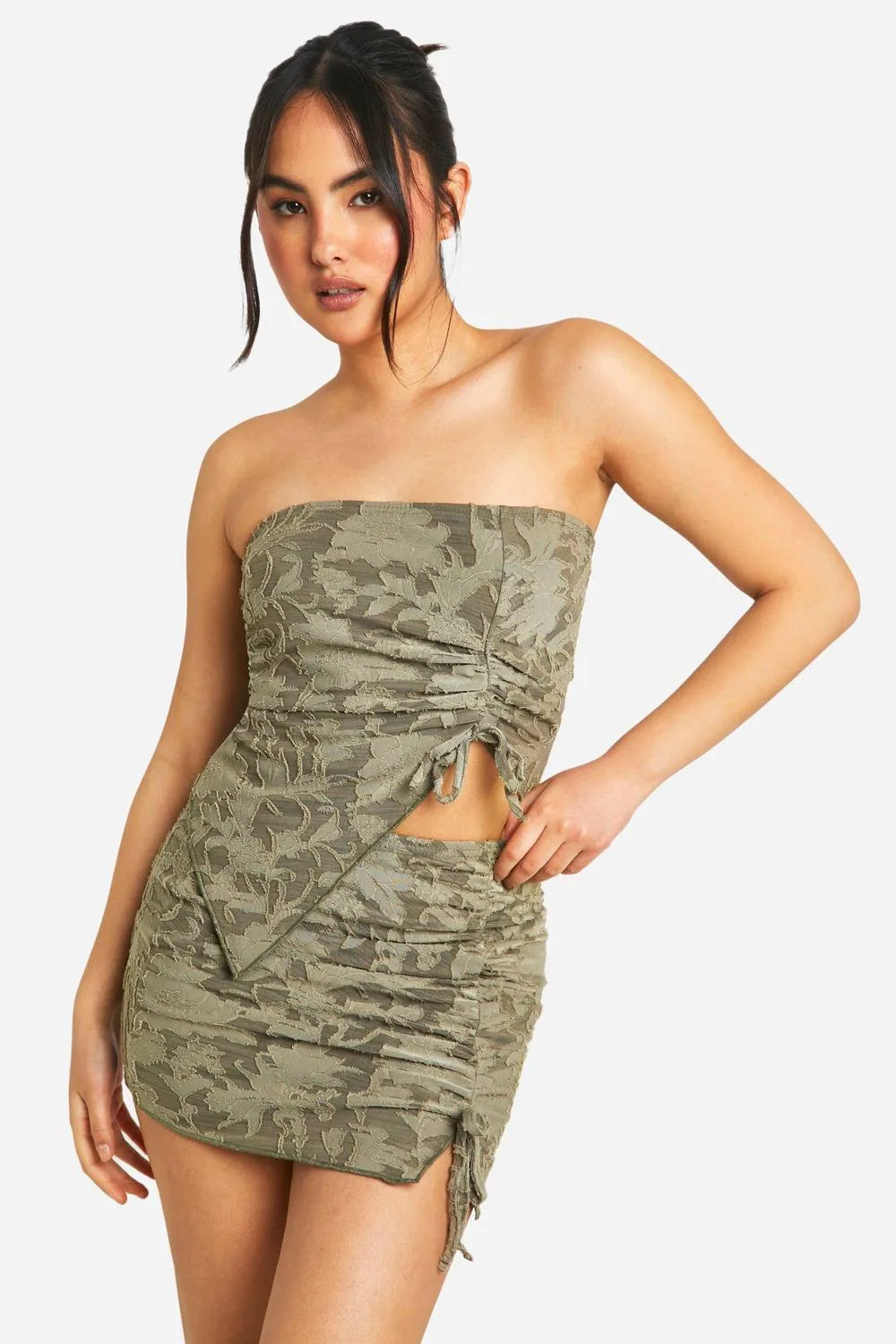 Floral Texture Ruched Mini Skirt by boohoo