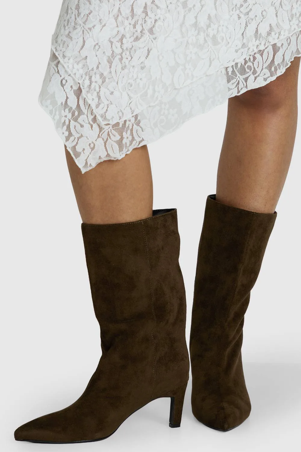 Faux Suede Calf High Mid Heel Stiletto Boots by boohoo