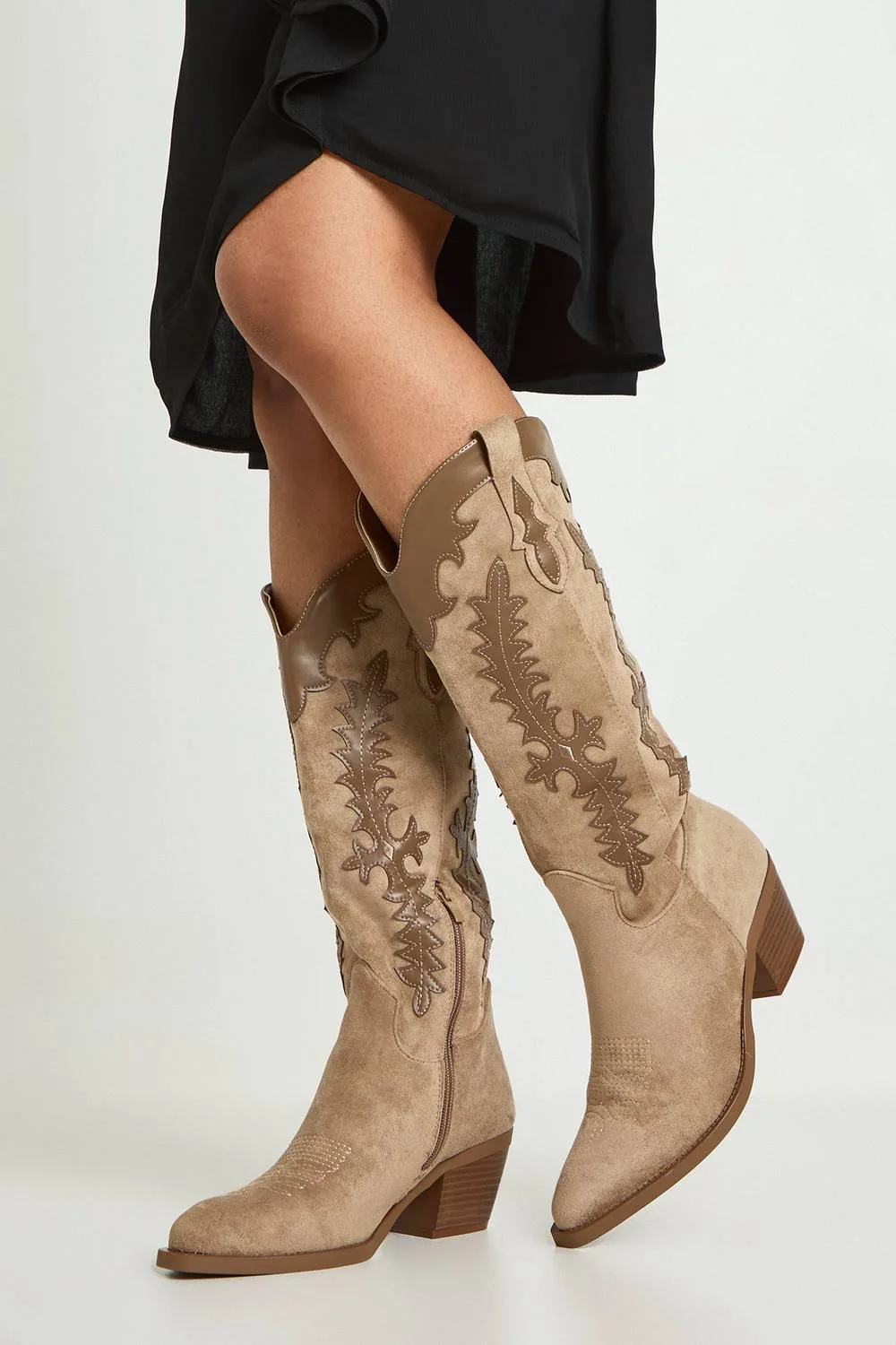Faux Suede Contrast Detail Knee High Western Boots