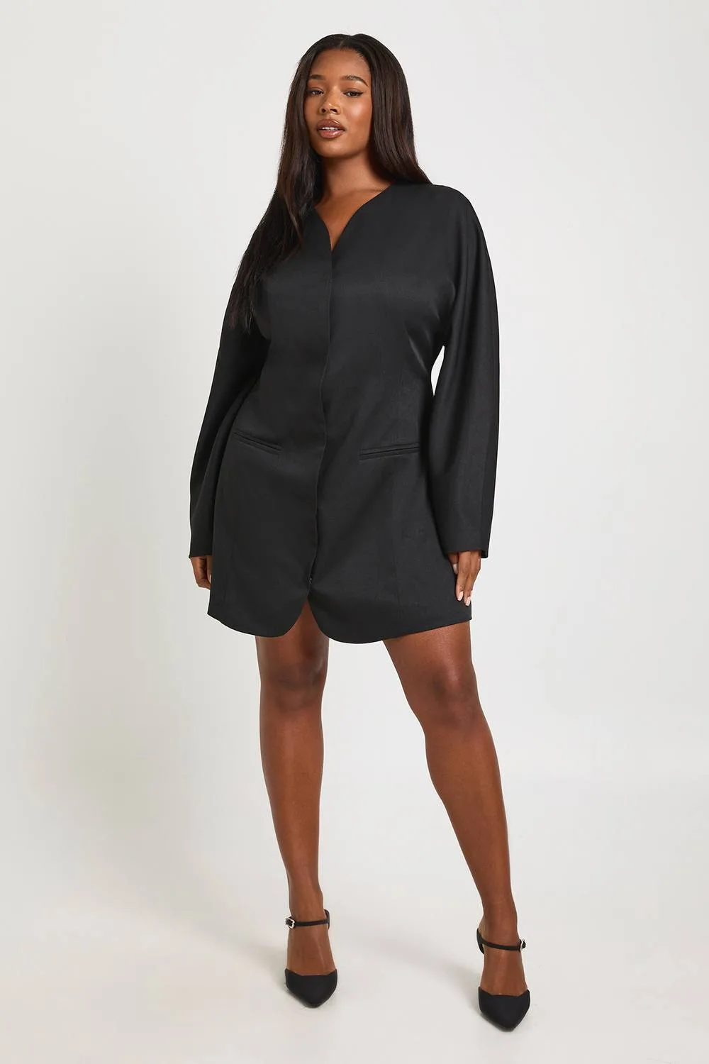 Collarless Cinched Waist Blazer Dress