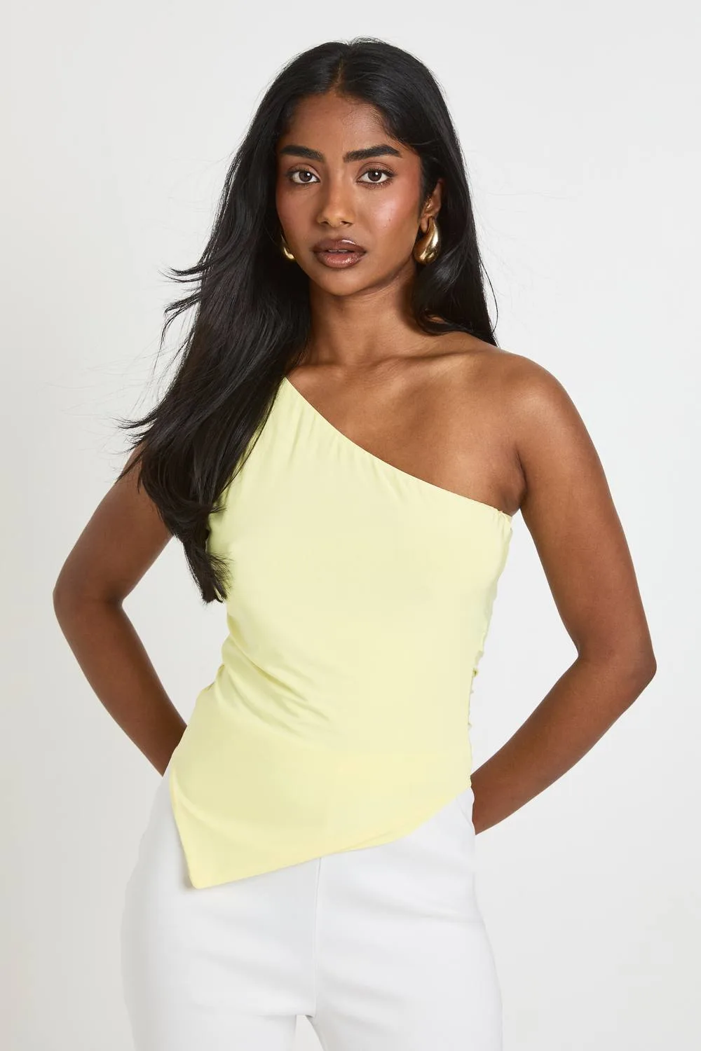 Double Layer Slinky One Shoulder Asym Hem Top