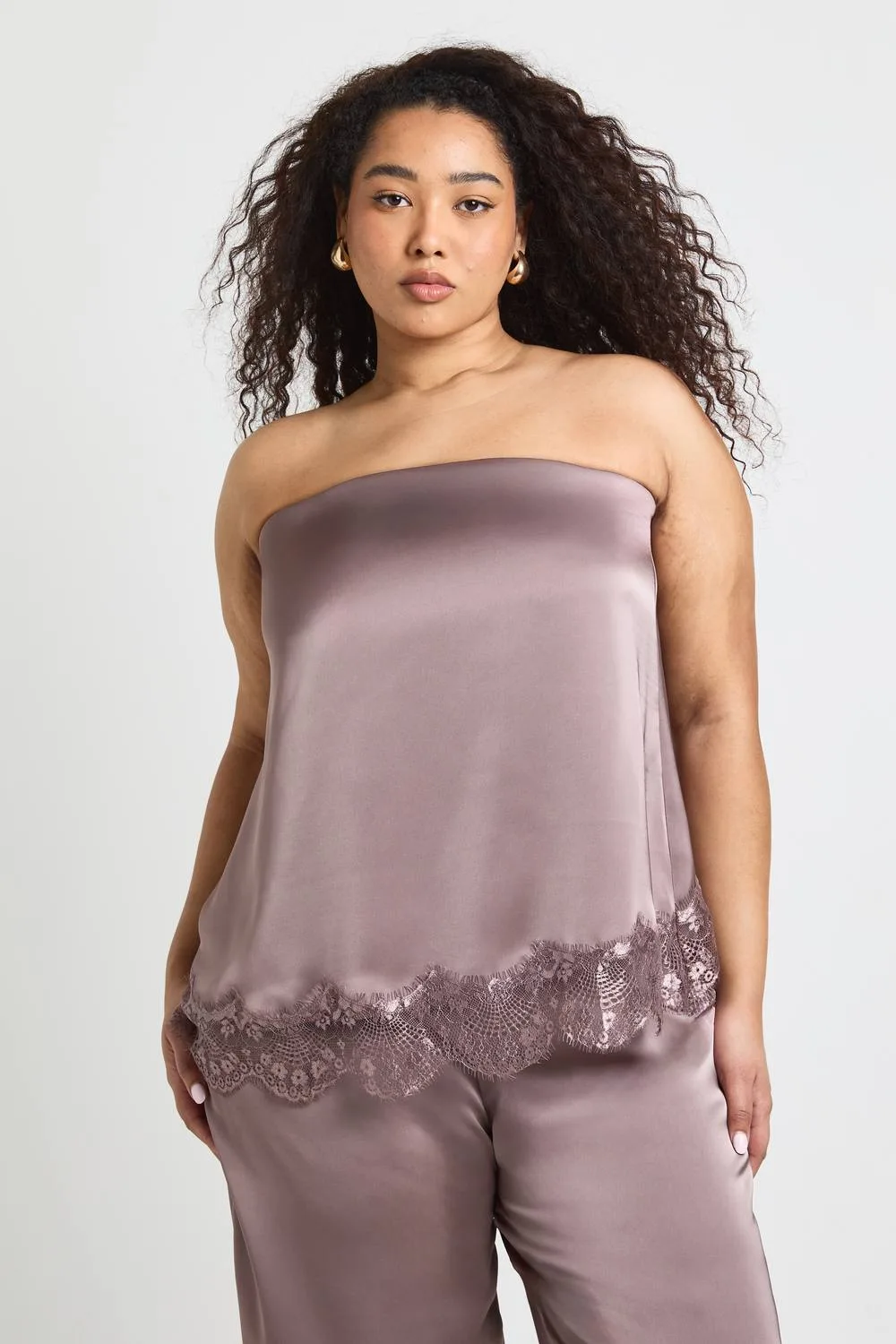 Lace Hem Satin Floaty Bandeau Top by boohoo