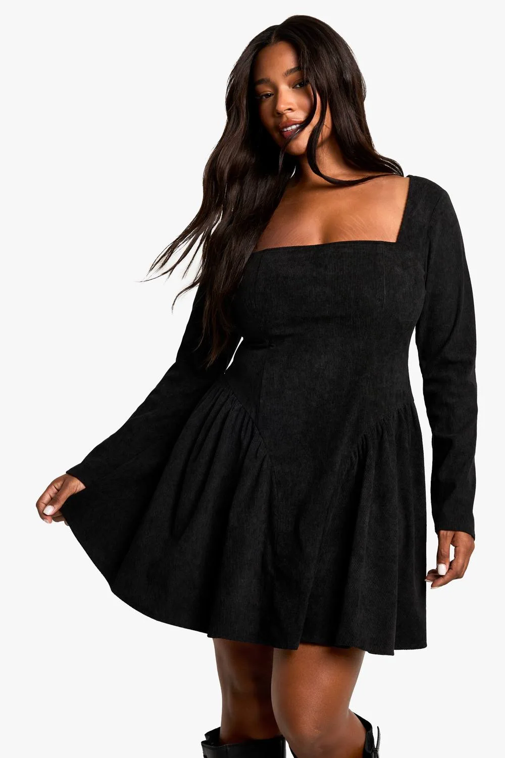 Cord Milkmaid Skater Dress by boohoo