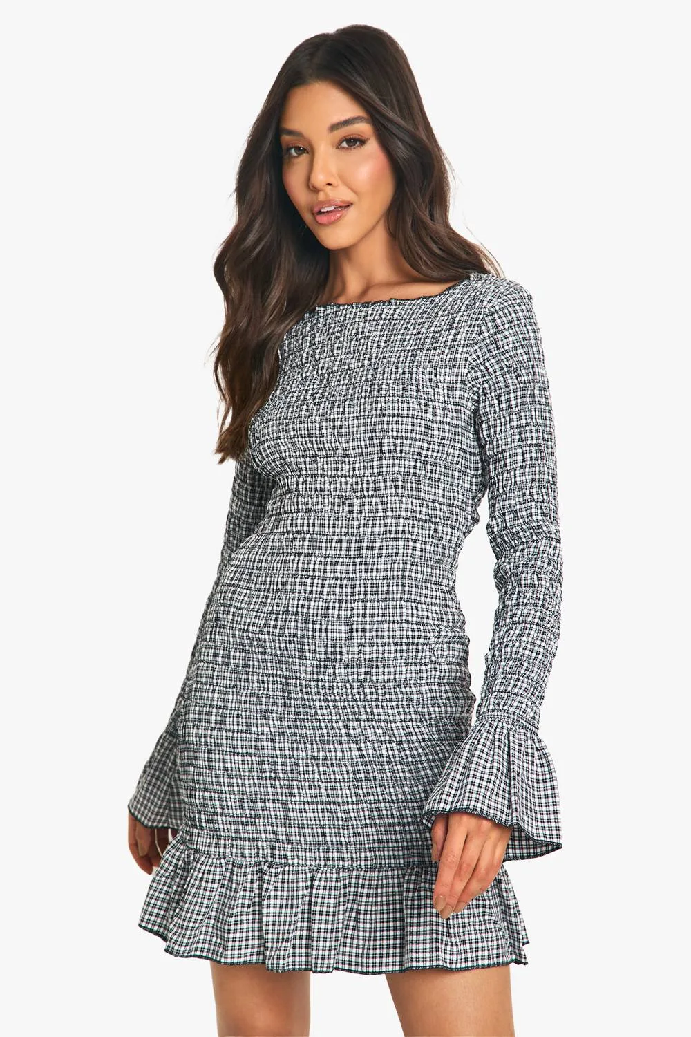 Check Shirred Long Sleeve Mini Dress by boohoo