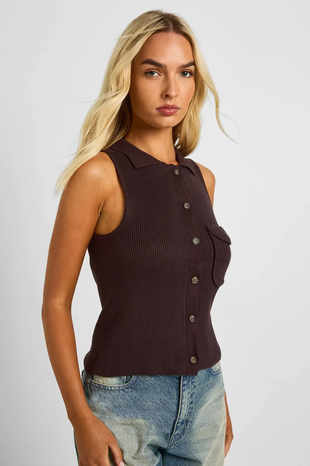Premium Chunky Rib Pocket Detail Knitted Waistcoat by boohoo