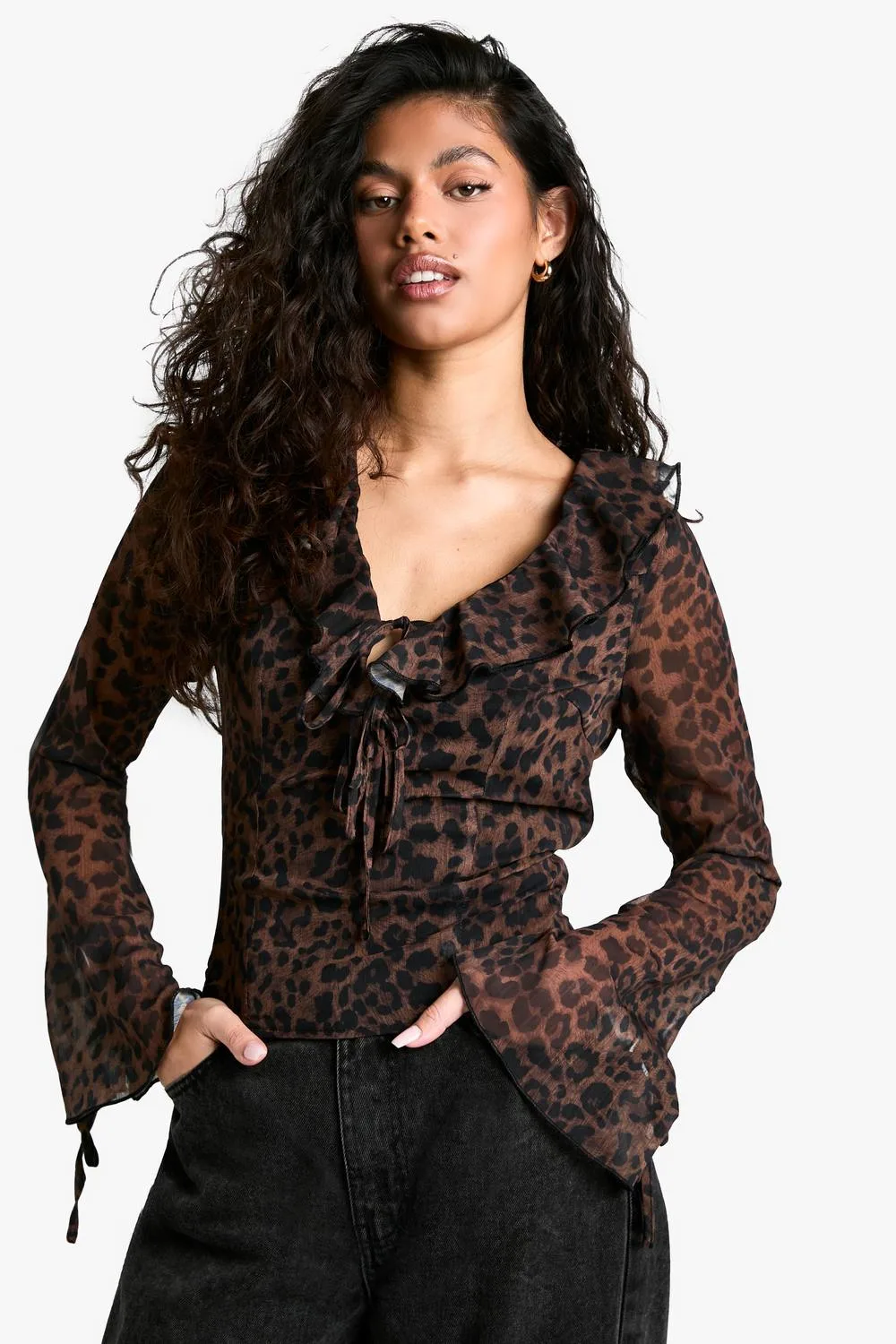Chiffon Leopard Ruffle Tie Front Blouse by boohoo