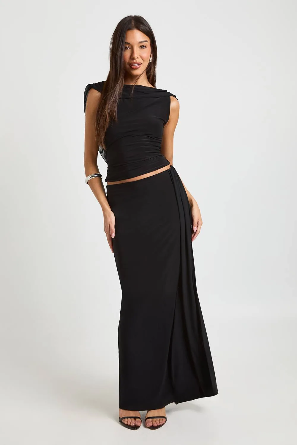 Slinky Maxi Skirt with Mesh Drape by boohoo