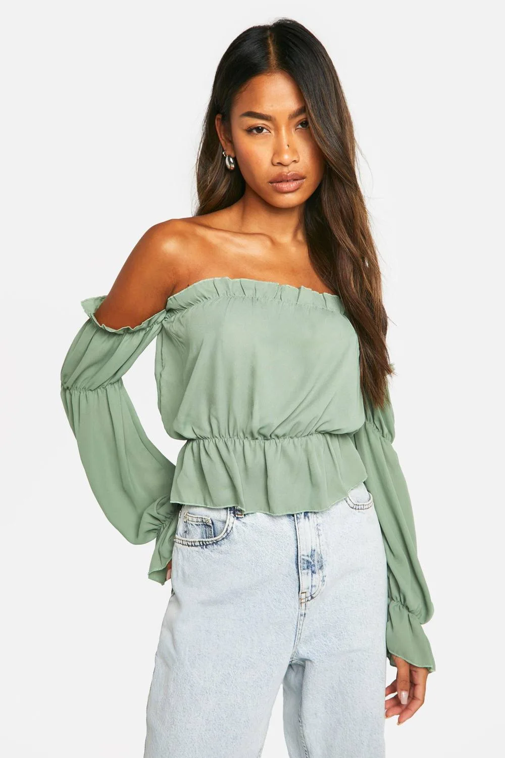 Woven Volume Sleeve Ruched Bardot Top by boohoo