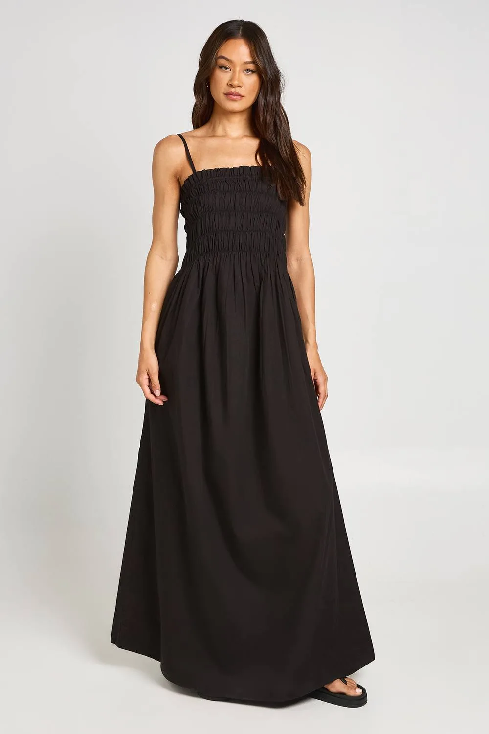 Cotton Poplin Shirred Bodice Maxi Dress by boohoo