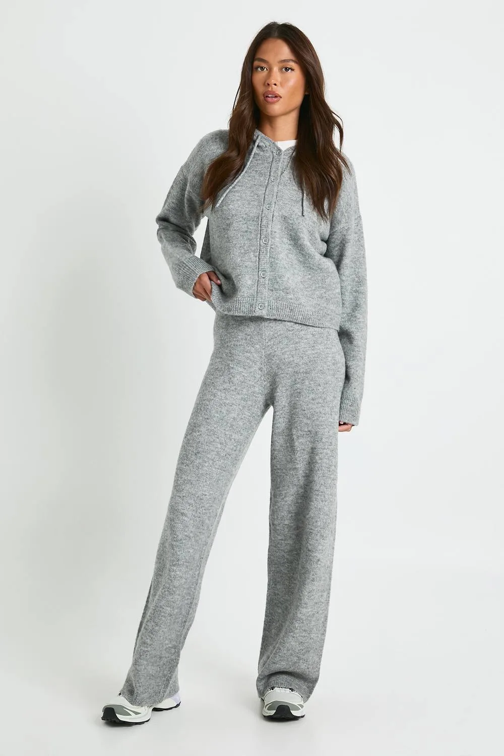 Knitted Oversized Button Through Hoody & Wide Leg Trouser by boohoo