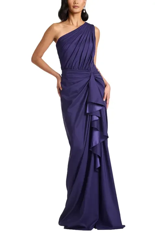 One-Shoulder Side Ruffle Gown by Tadashi Shoji