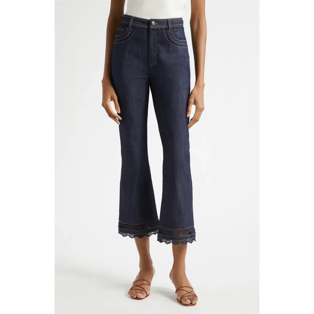 Guipure Lace Trim Cropped Flare Leg Jeans by Cinq à Sept