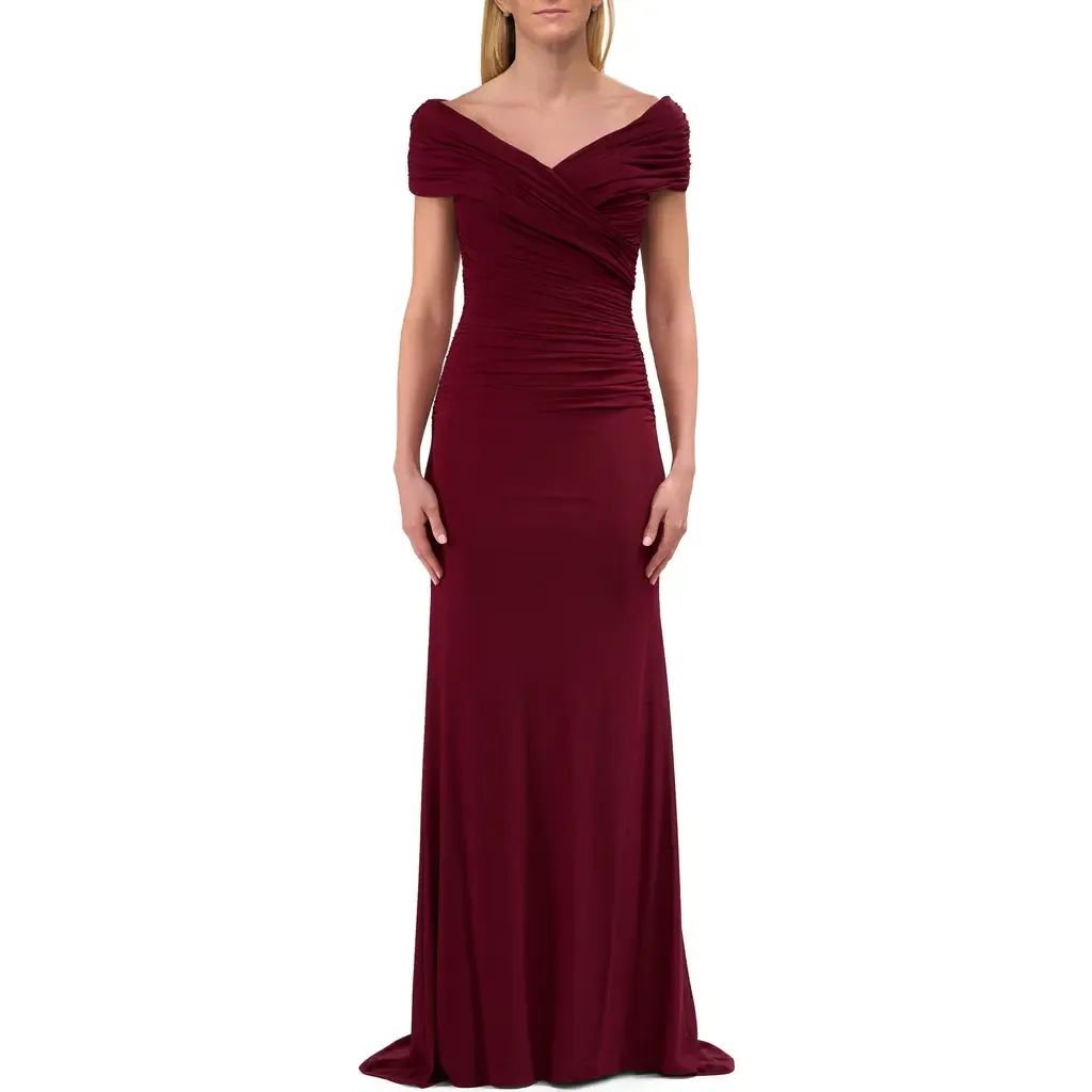 Off the Shoulder Ruched Net Jersey Evening Dress