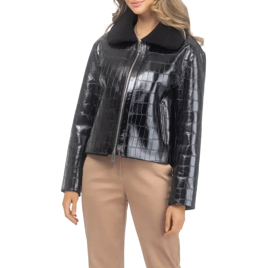 Genuine Shearling Croco Embossed Zip Jacket by GORSKI