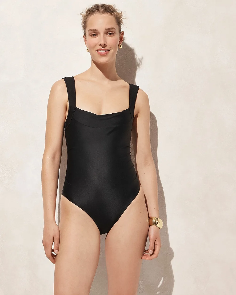 Long-Torso Ruched Squareneck One-Piece Swimsuit
