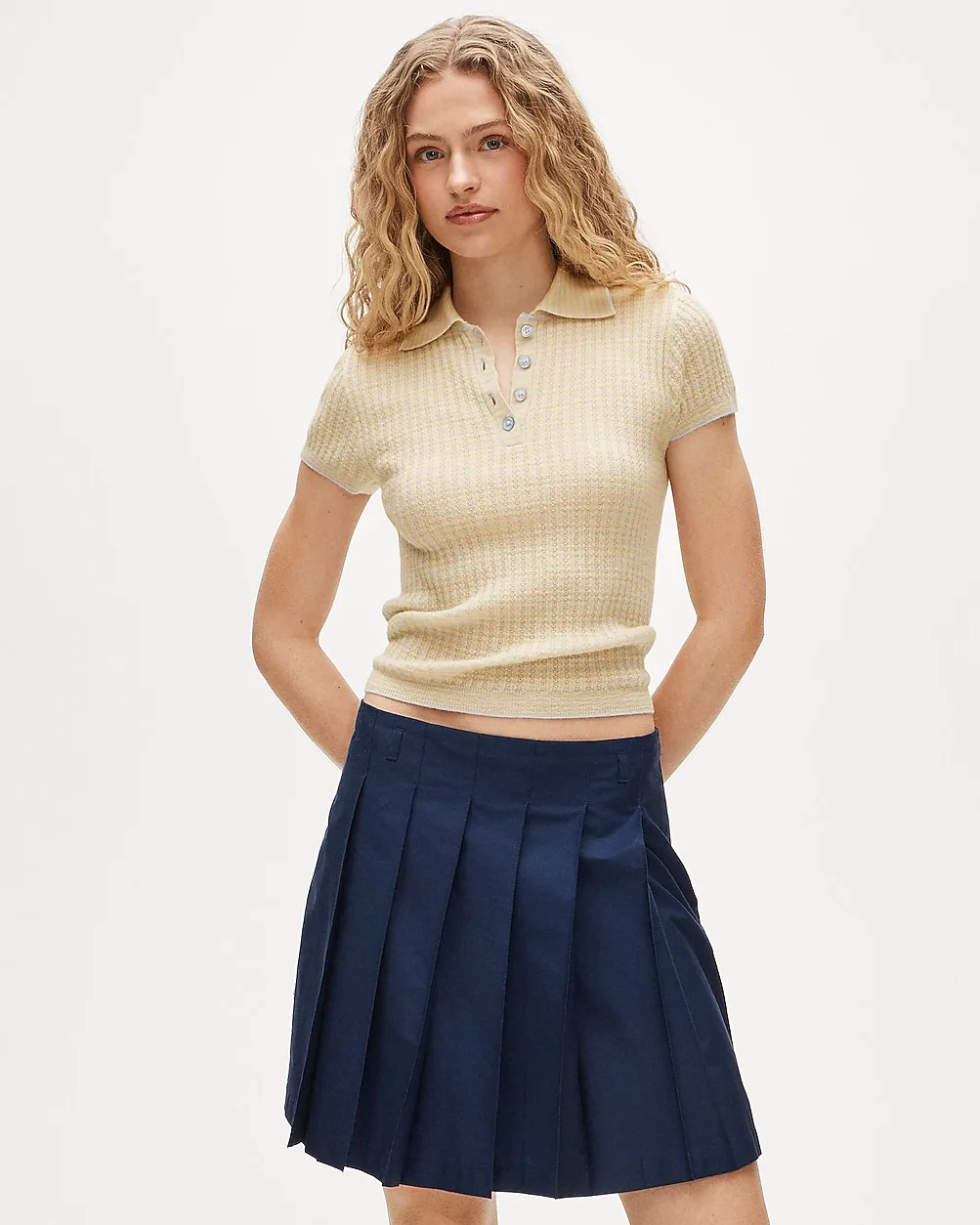 Featherweight Ribbed Cashmere Short-Sleeve Sweater-Polo in Stripe