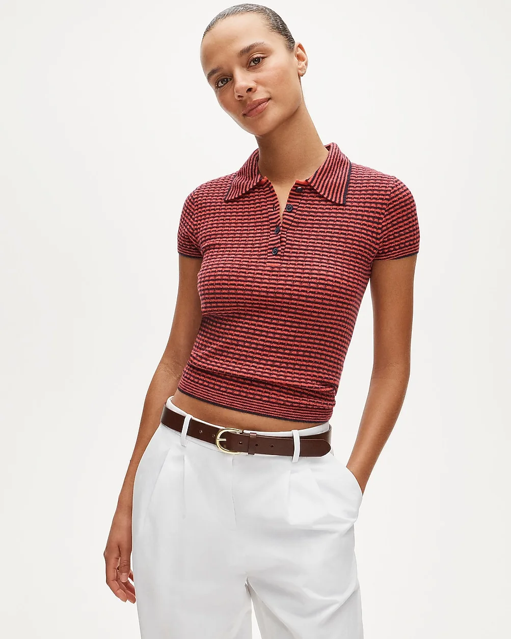 Featherweight Ribbed Cashmere Short-Sleeve Sweater-Polo in Stripe