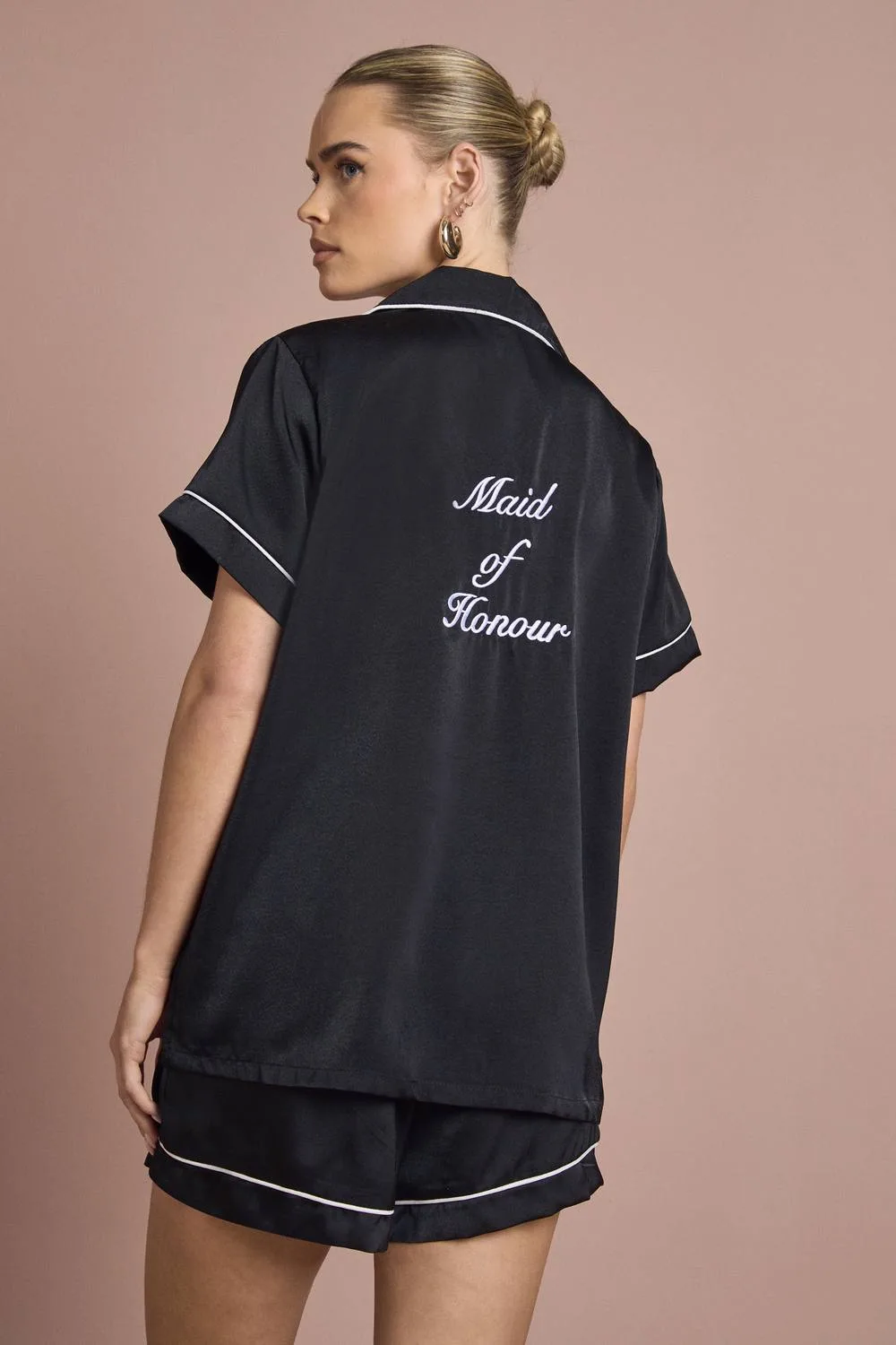 Bridal Maid of Honor Satin Embroidered Short Sleeve Shirt & Shorts Pyjama Set by boohoo