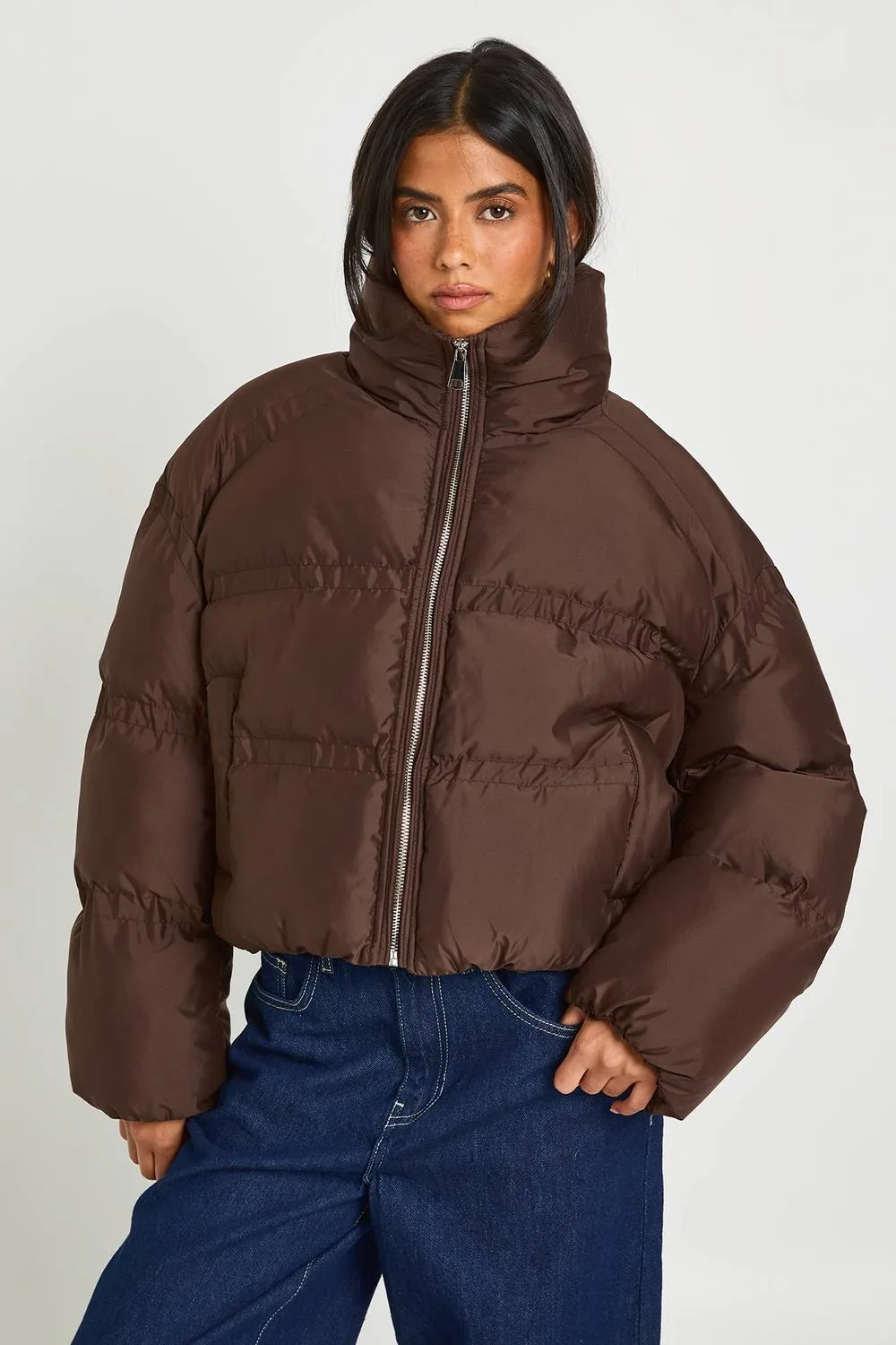 Satin Funnel Neck Puffer Jacket by boohoo