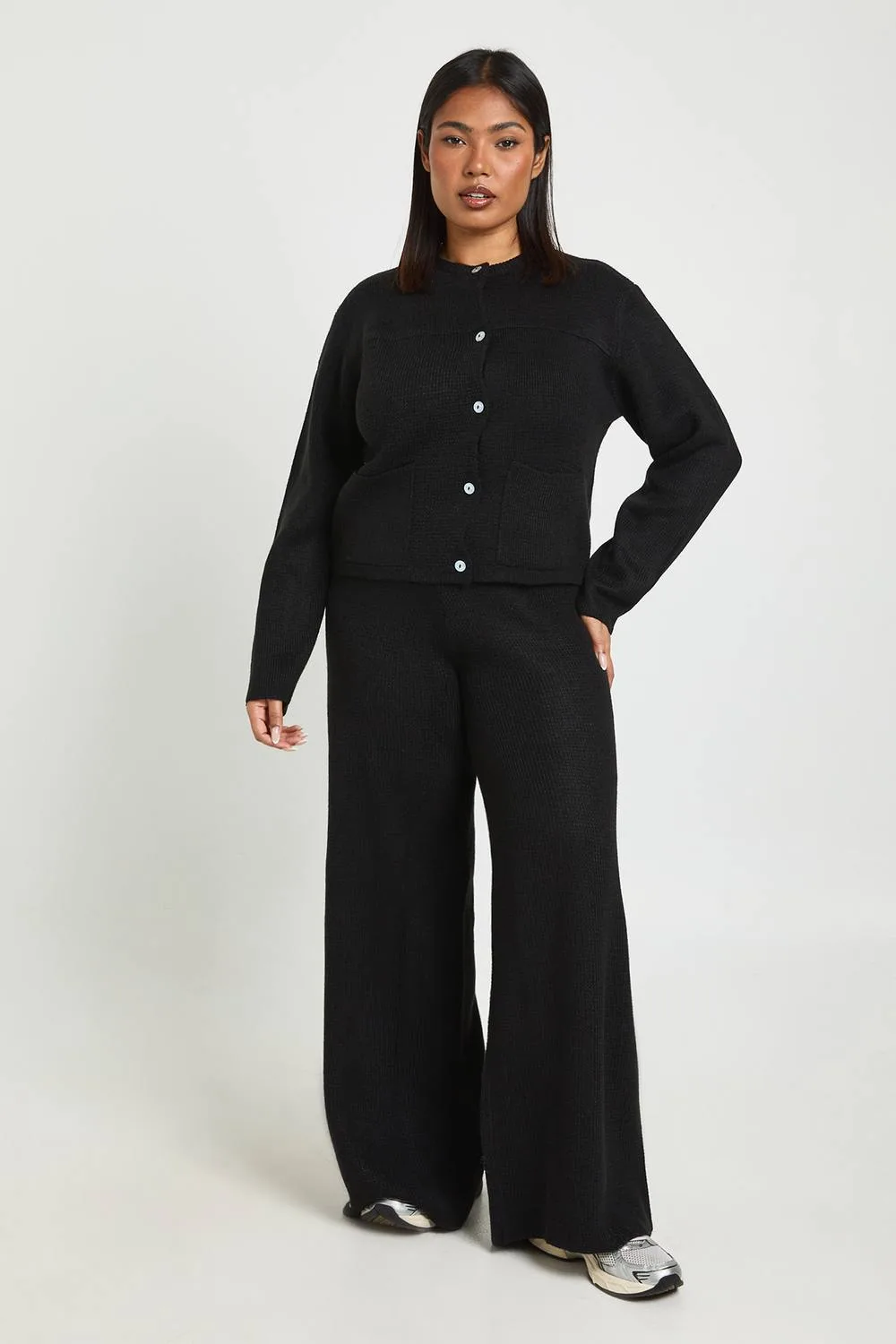 Crew Neck Button Down Balloon Sleeve Cardigan & Wide Leg Trouser Co Ord by boohoo