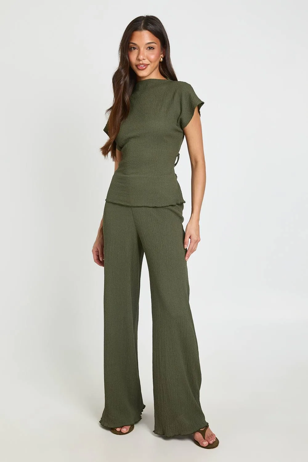 Crinkle Tie Back Top Wide Leg Trouser Co Ord by boohoo