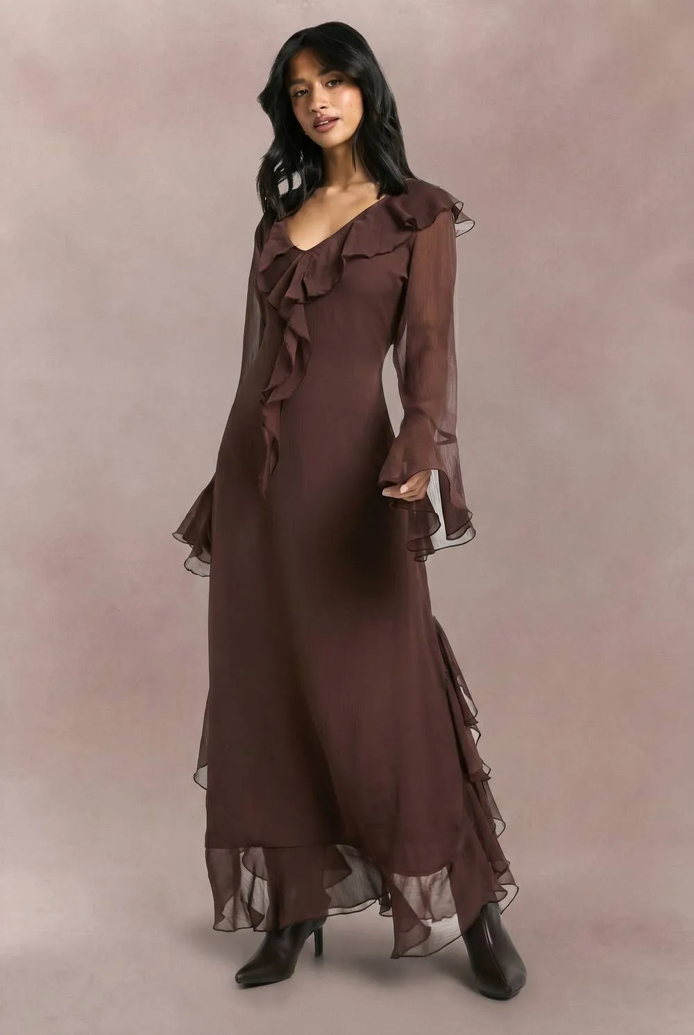Ruffle Flare Sleeve Belted Chiffon Maxi Dress by boohoo