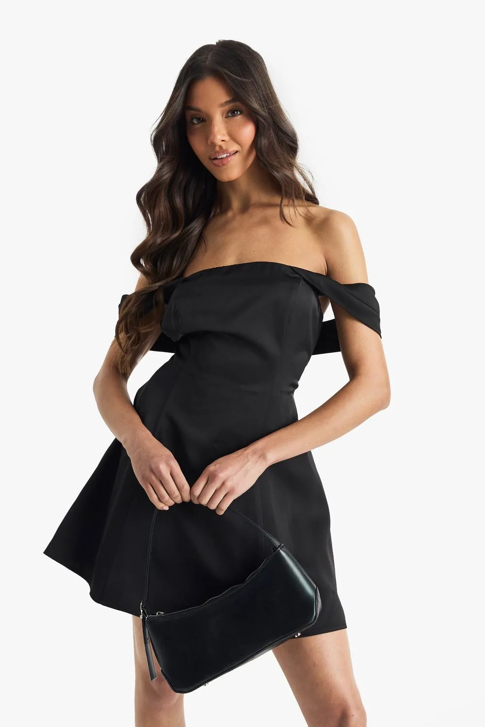 Satin Bardot Skater Mini Dress by boohoo