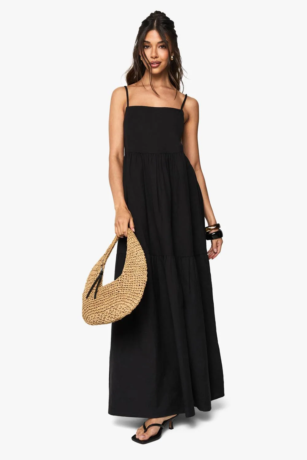 Tiered Linen Strappy Maxi Dress by boohoo