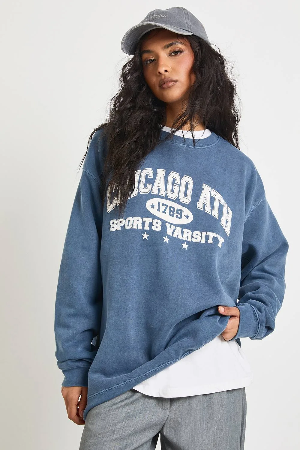 Chicago Print Washed Oversized Sweatshirt by boohoo