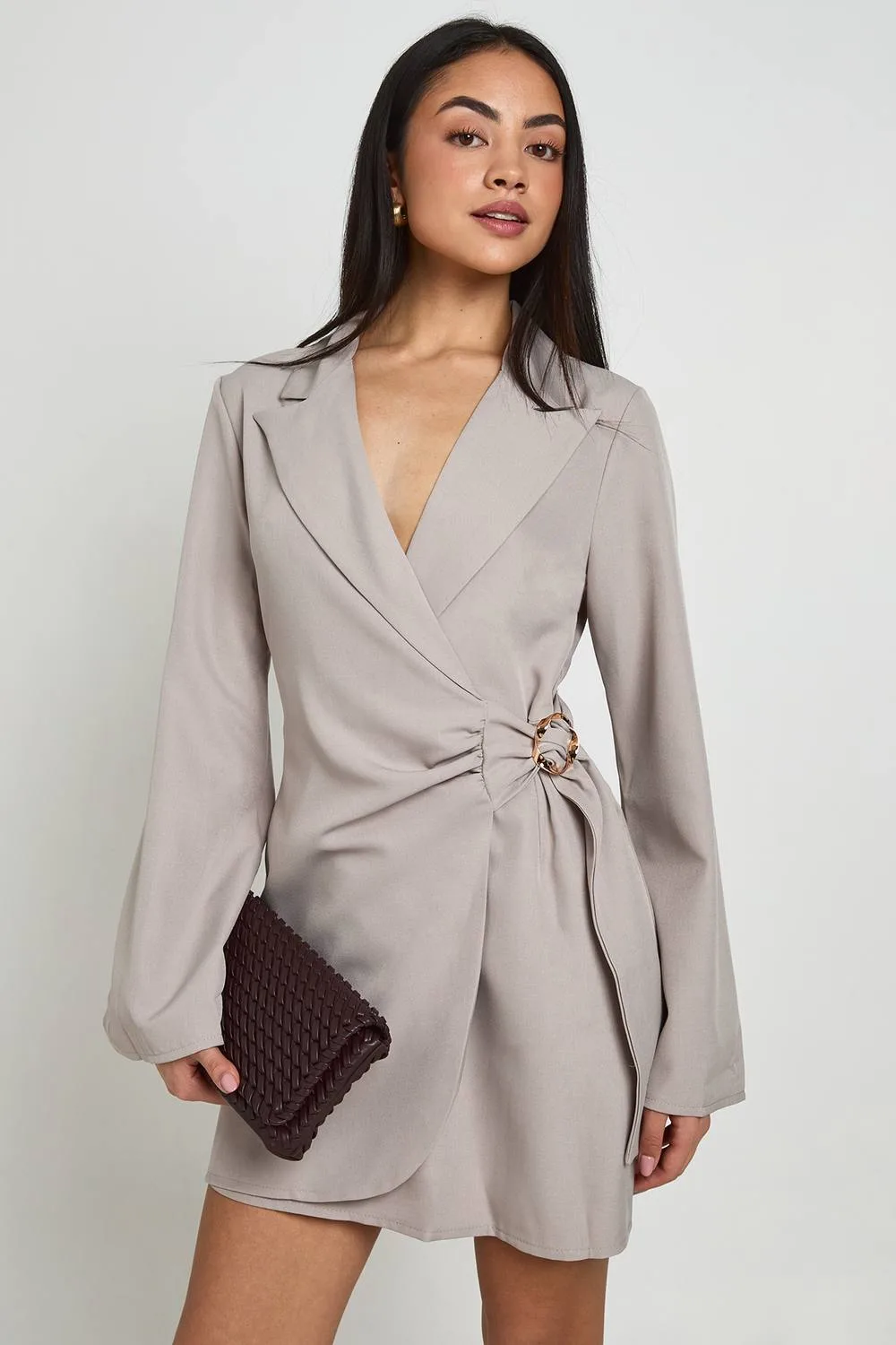 Linen Look Gold Trim Tie Side Blazer Dress
