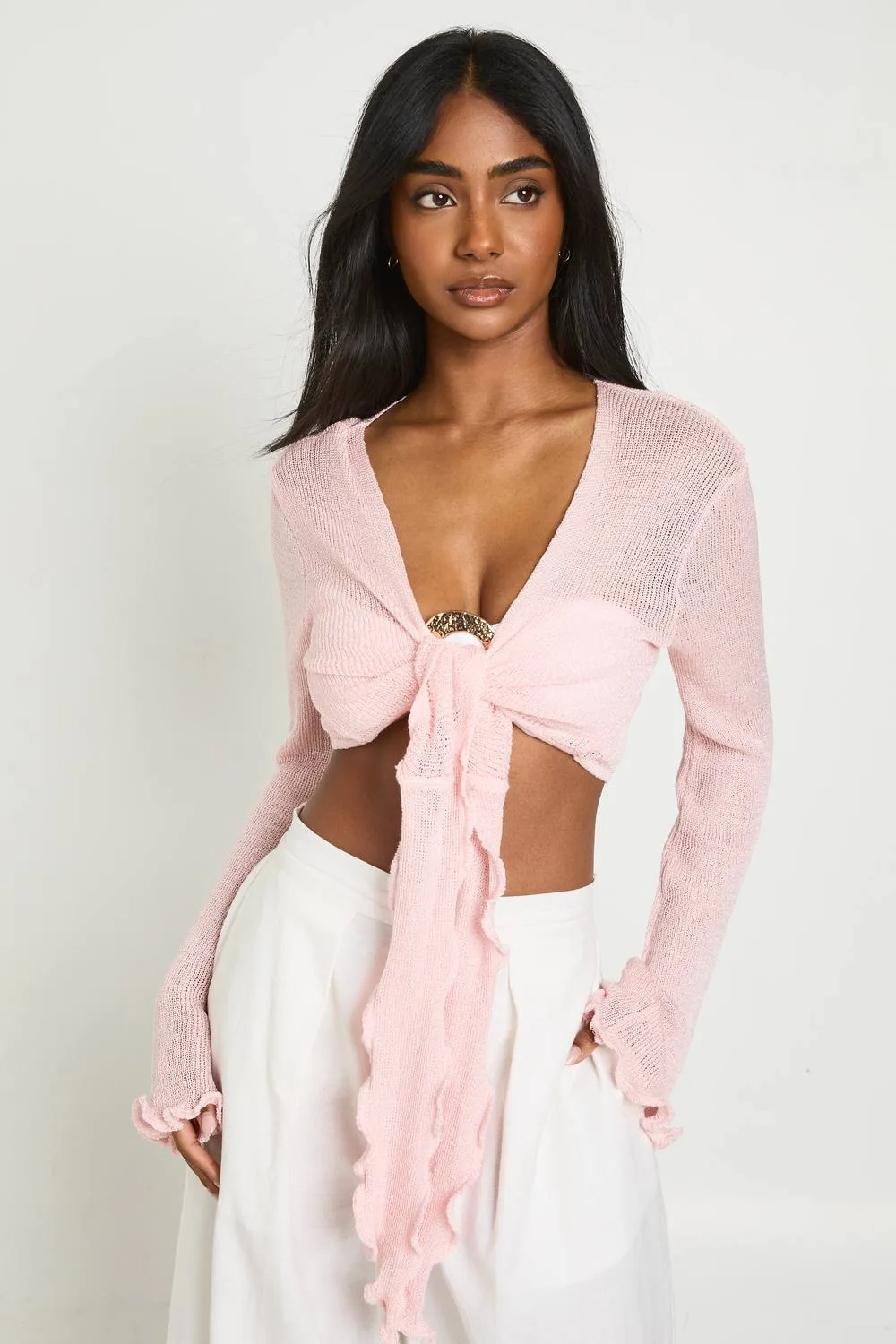 Lettuce Edge Tie Front Lightweight Cardigan by boohoo