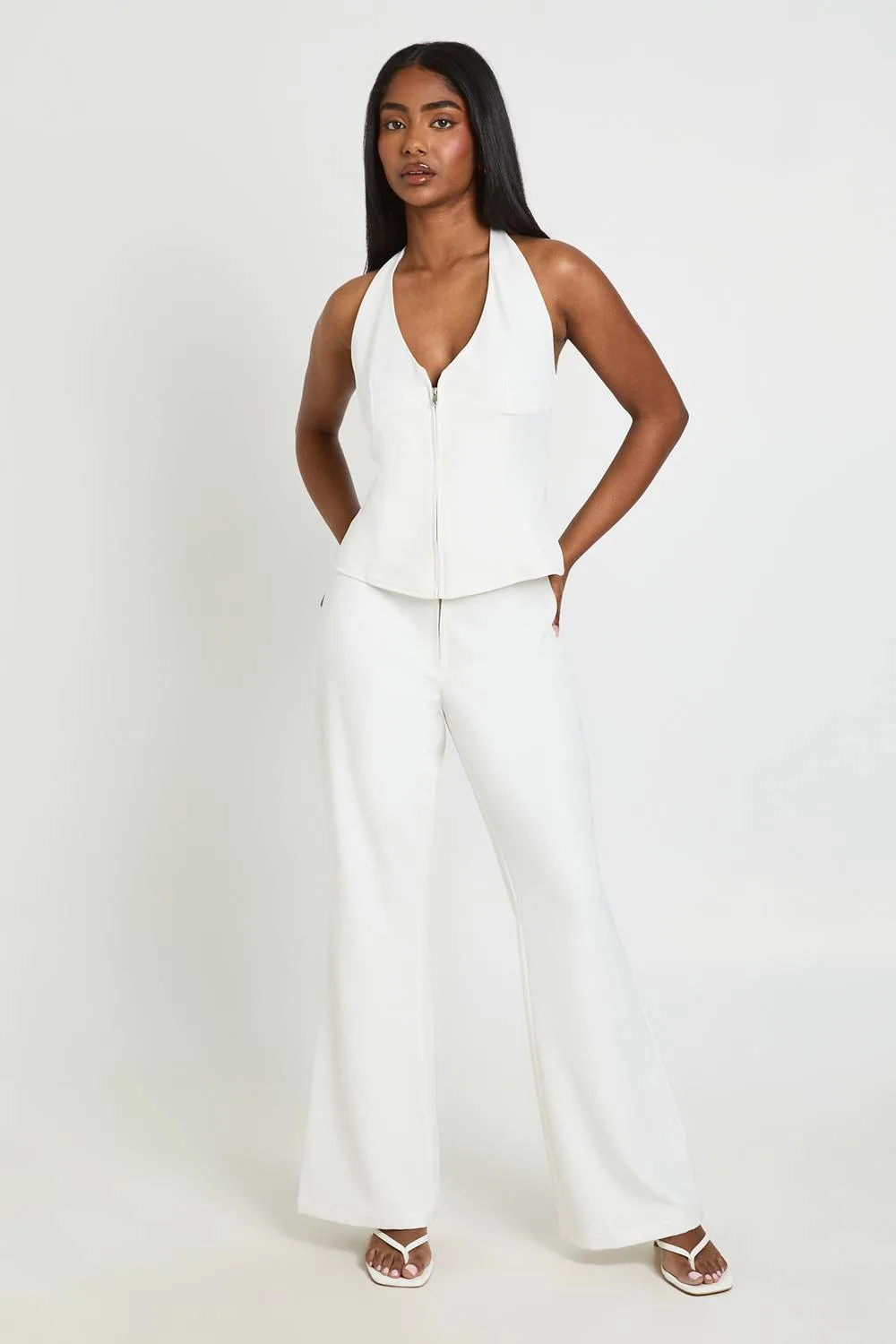 Zip Detail Flared Tailored Trousers by boohoo