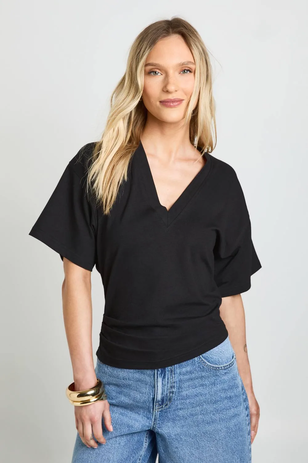 V-Neck Cinched Waist T-Shirt by boohoo
