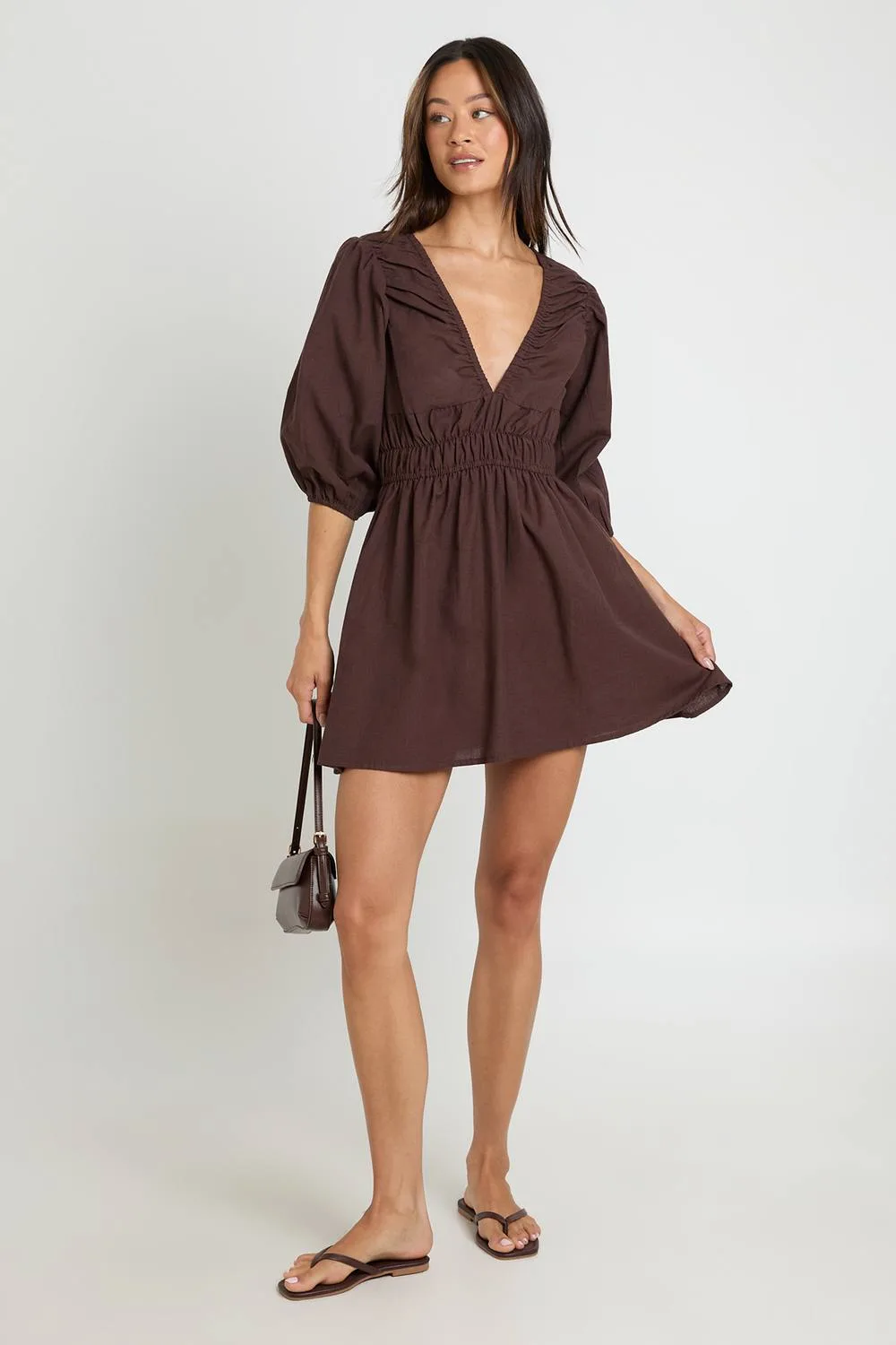 Linen Look Volume Sleeve Shirred Skater Dress by boohoo