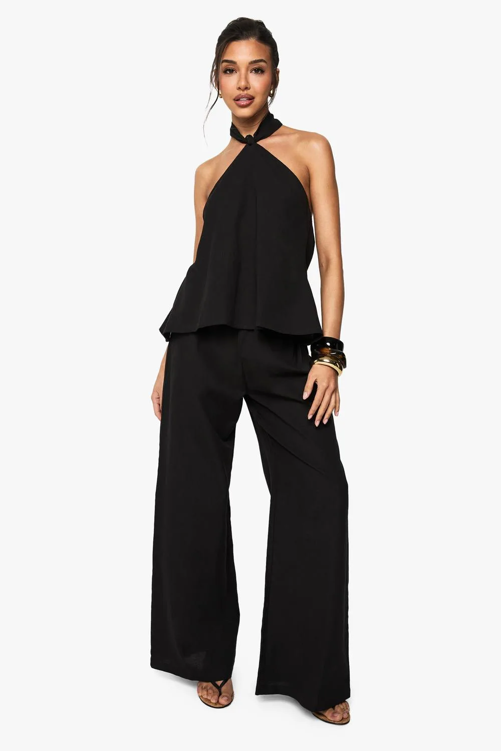 Linen Look Halterneck Swing Top & Wide Leg Trousers Co-Ord