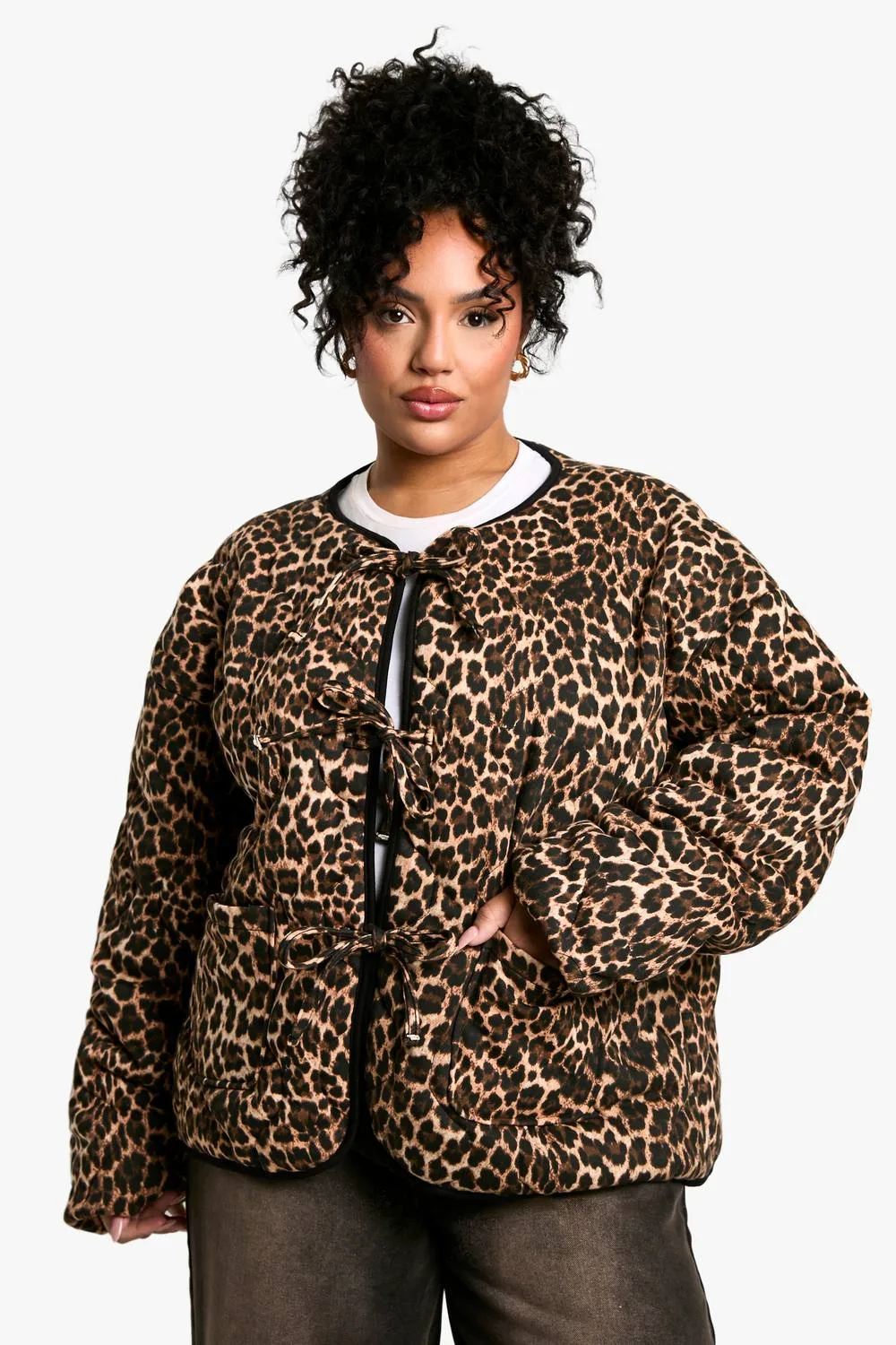 Leopard Tie Detail Padded Jacket by boohoo