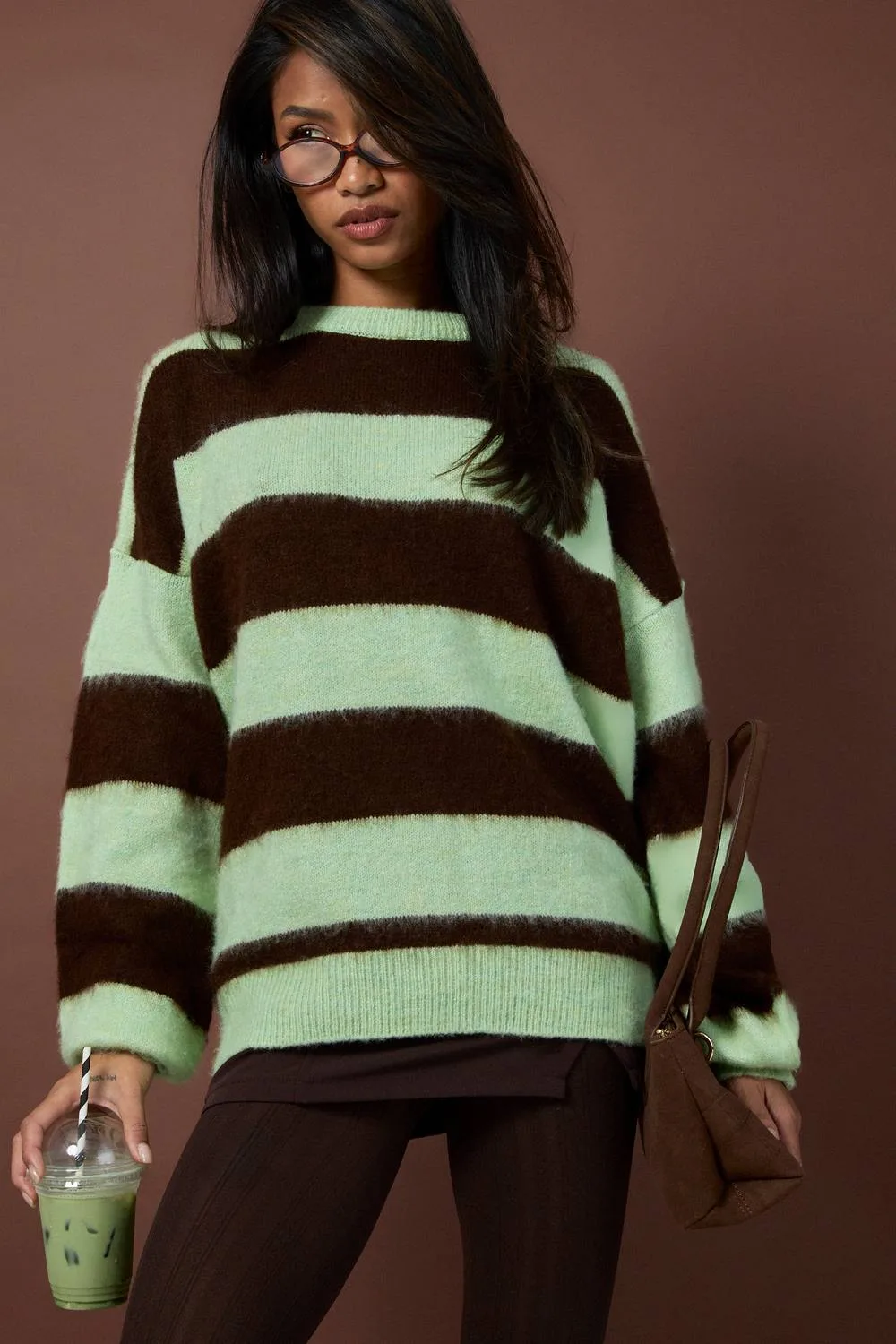 Brushed Stripe Oversized Knitted Jumper by boohoo