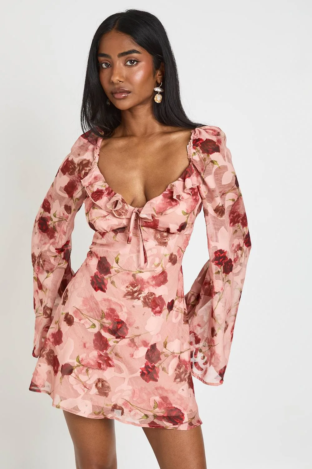 Floral Flared Sleeve Mini Dress by boohoo