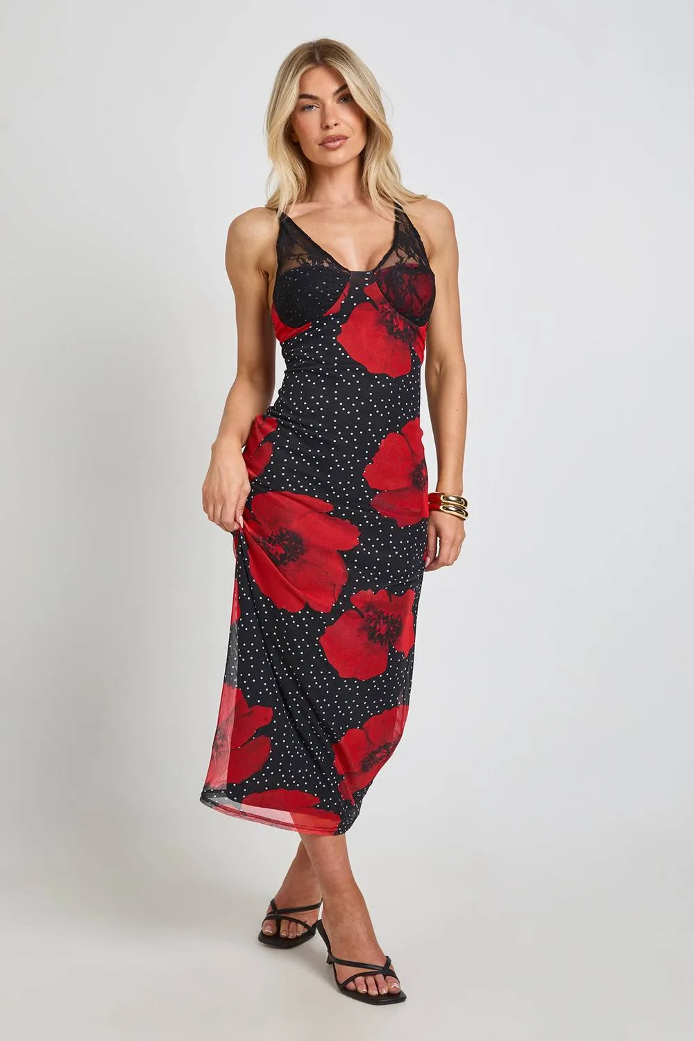 Polka Dot Floral Print Bodycon Dress with Lace Cup Detail by boohoo