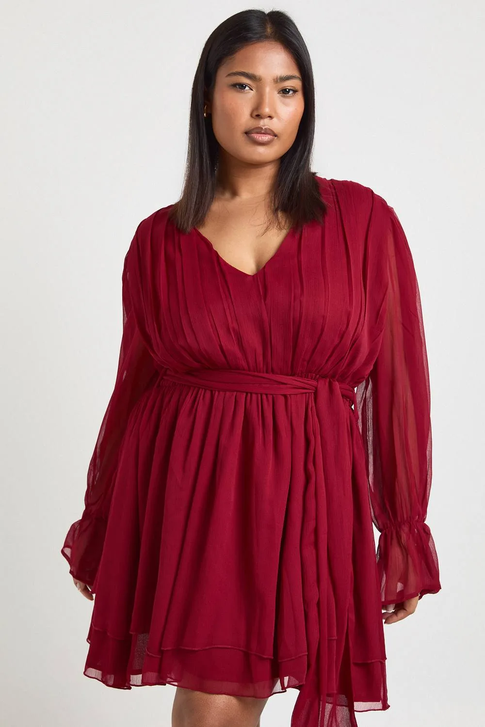 Chiffon Volume Sleeve Tie Waist Mini Skater Dress by boohoo