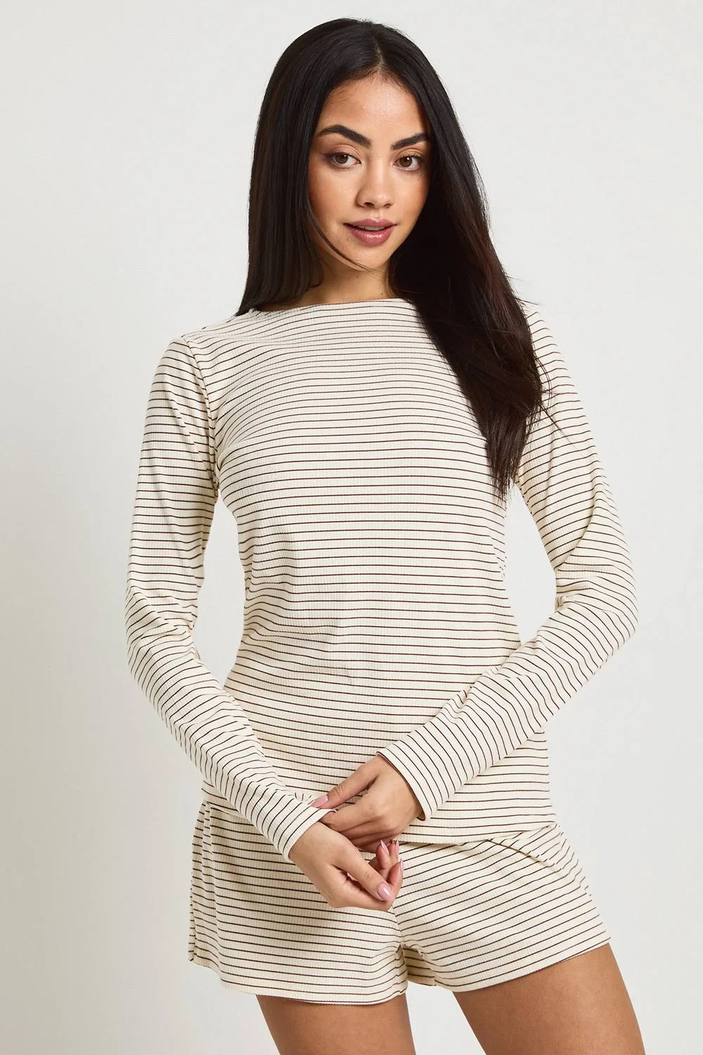 Soft Rib Stripe Long Sleeve Top & Short Pyjama Set by boohoo