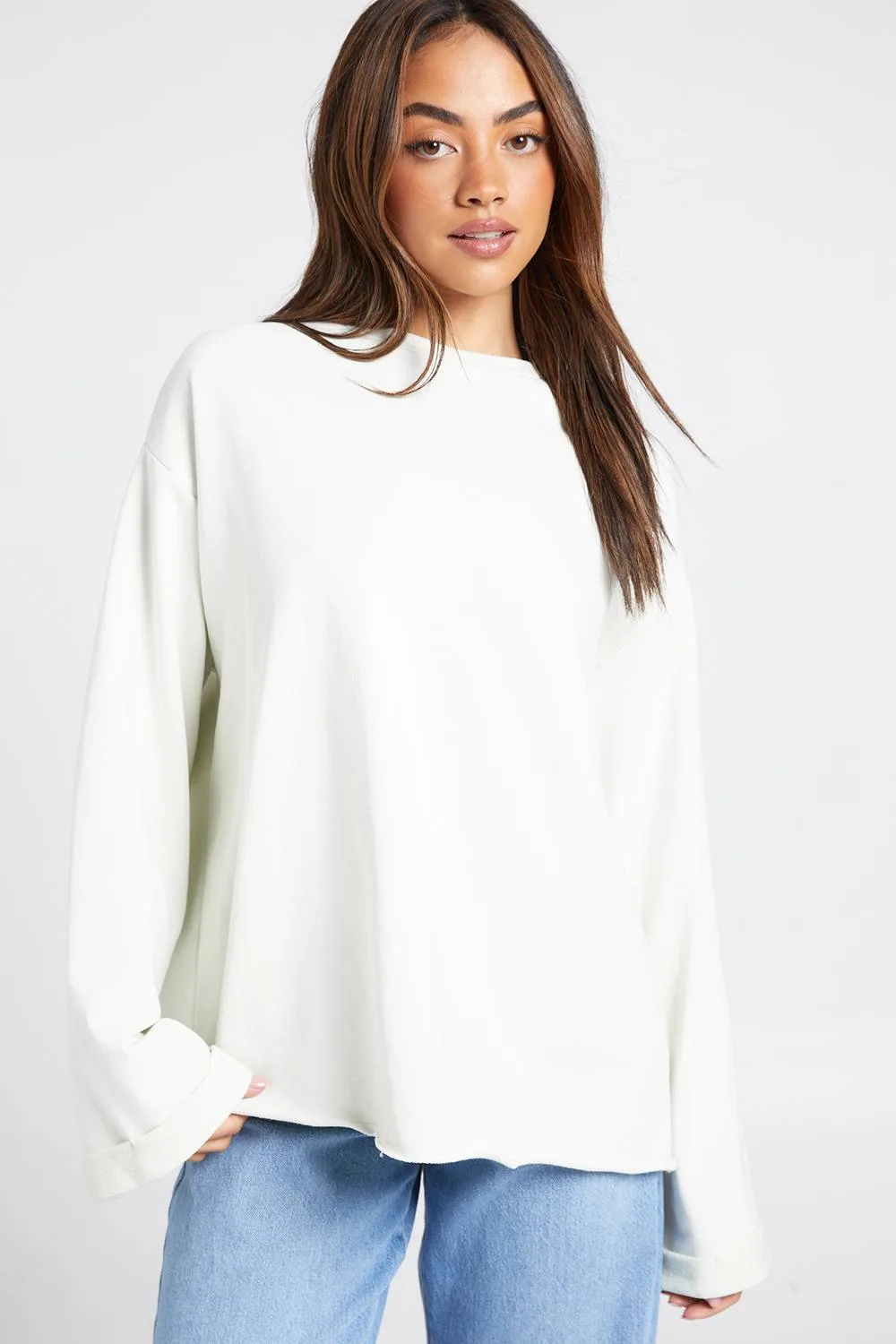 Washed Loopback Raw Hem Oversized Sweatshirt - Stone by boohoo