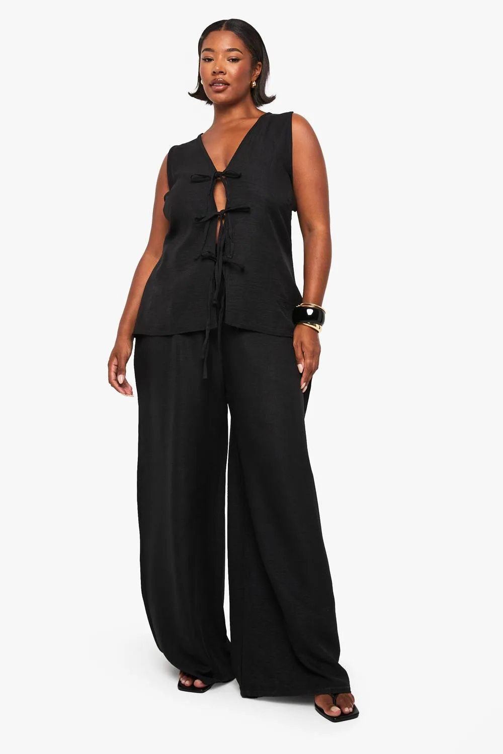 Linen Look Tie Front Top & Wide Leg Trouser Co-Ord
