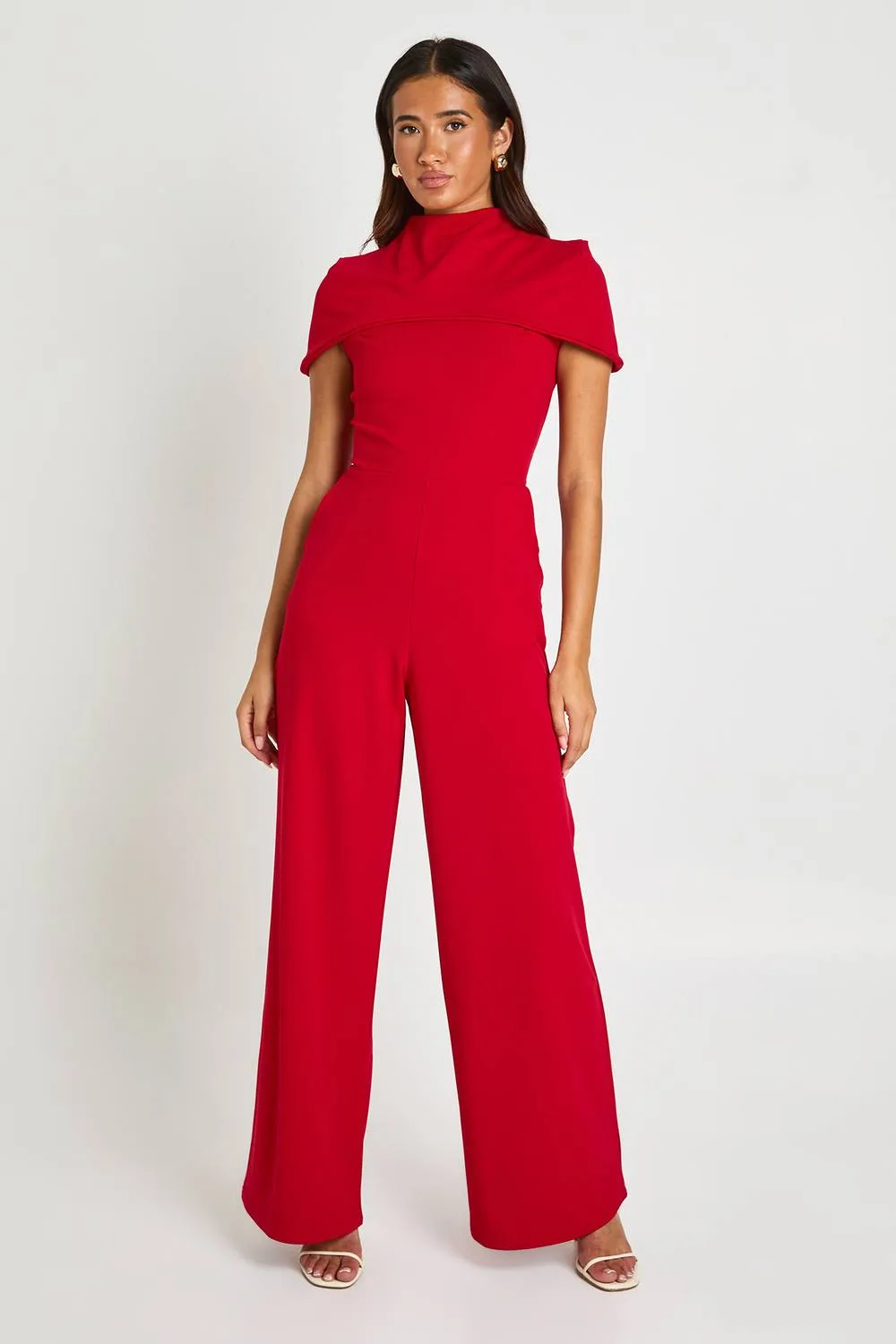 Jersey Crepe Cape Detail Wide Leg Jumpsuit