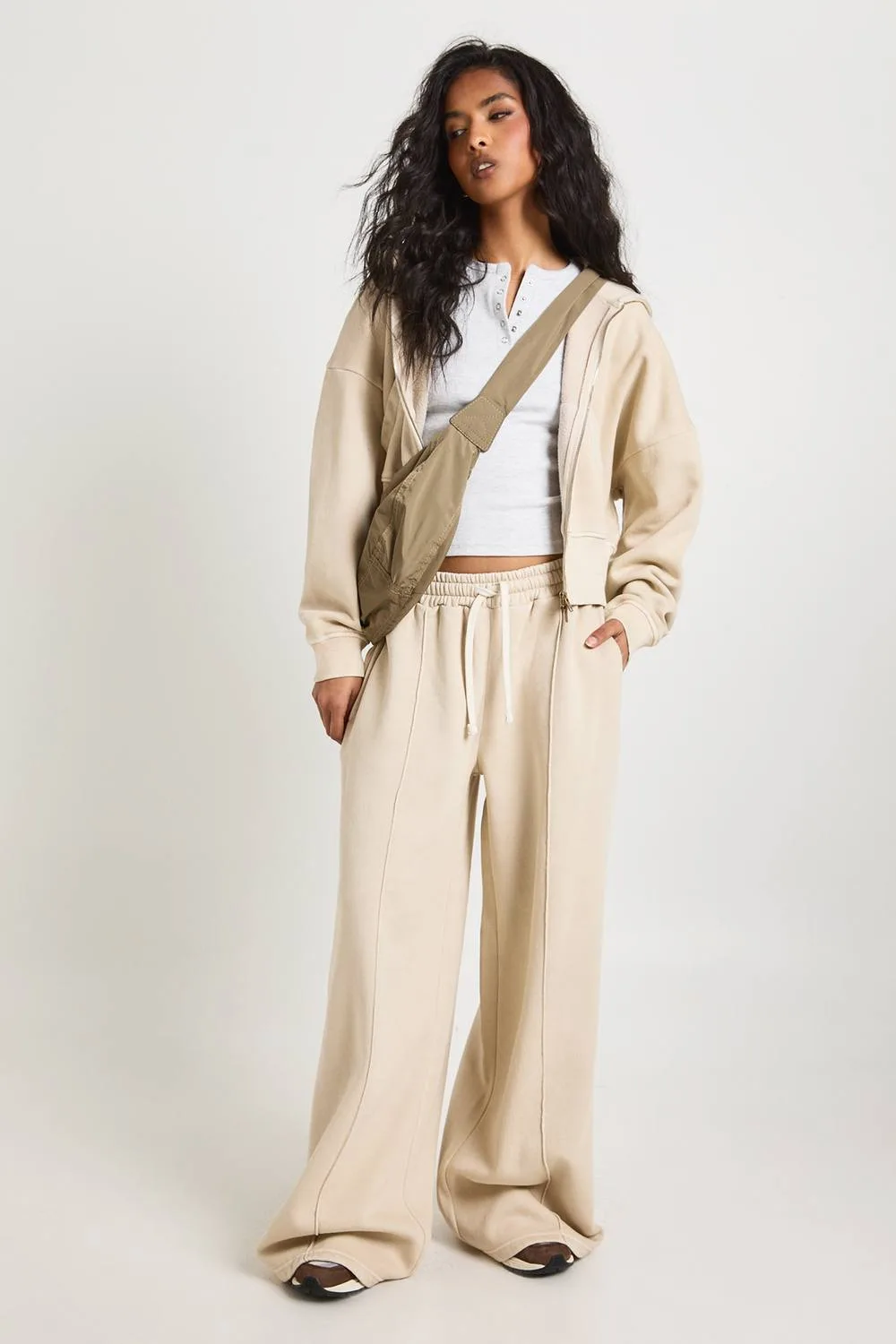 Washed Cinched Waist Double Zip Hoodie Tracksuit - Stone